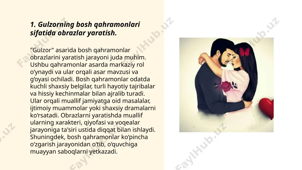 olatlari tasvirlanadi. masalan, "gulzarim" hikoyasida qahramonlar ichki konfliktda bo'lib, sevgi, nafrat va o'zini anglash jarayoni qadamba-qadam ochib beriladi. qahramonlarning ruhiy olami orqali ularning ichki motivatsiyalari, xatti-harakatlarining sabablari chuqur tahlil qilinadi, bu esa kitobxonni psixologik va falsafiy tafakkurga undaydi. shayxzoda ushbu tahliliy yondashuvi bilan o'z davrida yangilik sifatida qabul qilingan. ... t.me/slaydai_bot 4. asarda muallifning obraz yaratish usullari. muallifning obraz yaratish usullari adabiy asarning jonli va ta'sirchanligini belgilovchi muhim vositalardandir. ushbu usullar orasida xarakterizatsiya, tafsilotlar, dialoglar, va psixologik tahlil alohida o‘rin tutadi. xarakterizatsiya orqali personajlarning ichki va tashqi jihatlari ochiladi. tafsilotlar muhim ahamiyat kasb etib, obrazlarni aniqroq tasvirlashga yordam beradi. dialoglar vositasida personajlar o'zlarining individual xususiyatlarini ko‘rsatadi. psixologik tahlil esa qahramonlarning ichki kechinmalarini yoritadi. shuningdek, muallif tasvirlar va aforizmlardan foydalanib, obrazlarning mohiyatini chuqurroq ko‘rsatishi mumkin. bu usullar orqali o‘quvchi personajlar bilan yaqin aloqada bo‘lishi va ularning his-tuyg‘ularini his qilish imkoniga ega bo‘ladi. ... t.me/slaydai_bot "5. gulzor" asari qahramonlarining ijtimoiy mavqeiga oid …