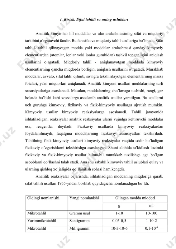 ab quyidagicha nomlanadigan bo’ldi. oldingi nomlanishi yangi nomlanishi olingan modda miqdori g ml mikrotahlil gramm usul 1-10 10-100 yarimmikrotahlil santigramm 0,05-0,5 1-10-2 mikrotahlil milligramm 10-3-10-6 0,1-10-4 ultromikrotahlil mikrogramm 10-6-10-9 10-4-10-6 submikrotahlil nanogramm 10-9-10-12 10-7-10-10 subultromikrotahlil pikogramm usul 10-12 10-10 kimyoviy tahlil ko’pincha yarimmikro usulda bajariladi, bunda reaktivlar kam sarflanib, kichik hajmli idishlardan foydalinish mumkin. agar tahlil to’gri bajarilgan bo’lsa, yarimmikro usulda juda aniq natijalar olish mumkin. shuning uchun moddalarni sifat jihatdan kimyoviy tahlil qilishga asosan yarimmikrotahlil (santigramm) usulidan foydalaniladi. 2. analitik reaksiyalarning bajarilish usullari kuzatish mumkin bo’lgan effekt sodir bo’ladigan kimyoviy reaksiya analitik reaksiya deyiladi. effekt deganda cho’kmani hosil bo’lishi yoki erishi, eritmani rangini o’zgarishi, gazsimon moddalarni hosil bo’lishi tushuniladi. analitik reaksiyalar ho’l va quruq usullarda olib boriladi. modda quruqligida tahlil qilinsa, quruq usul, eritib tahlil qilinsa ho’l usul deyiladi. modda suvda, kislotada yoki ishqorda eritiladi va hosil bo’lgan eritmadan izlanayotgan ionlar tegishli reaktivlar orqali topiladi. ma’lumki, bu moddalar elektrolitlardir, …