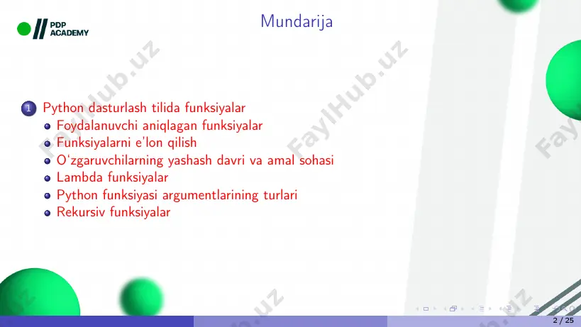 bo‘ladi. agar zarur bo‘lsa, funktsiyani qayta aniqlash mumkin. 1 def hello (): 2 pass funksiyaga nom berish qoidalari o‘zgaruvchilarga nom berish qoidalari bilan bir xil. lekin, funksiya vazifasiga qarab ularga nom berish qulay hisoblanadi. 6 / 25 python funktsiyasi parametrlari ba‘zan siz funksiyaning ba‘zi o‘zgaruvchilar ustida ishlashini va natijani ishlab chiqarishni xohlashingiz mumkin. bunday funksiya istalgan sonli parametrlarni qabul qilishi mumkin. keling, ikkita raqamni qo‘shish funksiyasini olaylik. 1 def sum(a, b): 2 print(f’{a}+{b}={a + b}’) 3 sum(2, 3) natija: 2+3=5 yuqorida sum() funksiyasi ikkita parametrni oladi - a va b. funksiyani chaqirganimizda, biz 2 va 3 raqamlarini funksiya parametrlari sifatida beramiz. bular mos ravishda a va b mos keladigan argumentlardir. python-dagi funksiya istalgan sonli parametrlarni o‘z ichiga olishi mumkin yoki bo‘sh bo‘lishi mumkin. 7 / 25 python return operatori python funktsiyasi ixtiyoriy ravishda qiymat qaytarishi mumkin. bu qiymat uning bajarilishi natijasida hosil bo‘lgan natija bo‘lishi mumkin. yoki bu siz belgilagan …