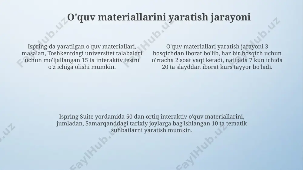 effektlari va 7 ta turli ovoz effektlari bilan boyitilgan, toshkent shahridagi tarixiy obidalar haqida interaktiv taqdimot yaratish mumkin. ispring suite yordamida o‘zbekistonning 5 ta yirik shaharlarini o‘z ichiga olgan interaktiv xarita yaratish mumkin, unda foydalanuvchilar 3d modellardan foydalanib, 10 ta turli binoning ichki qismini virtual ravishda ko‘rishlari mumkin. ispring learn yordamida 20 ta savoldan iborat interaktiv test yaratish mumkin bo‘lib, natijalarni tahlil qilish va foydalanuvchilarning bilimlarini baholash uchun 5 ta turli grafiklardan foydalaniladi. ispring bilan o'zaro ta'sirni kuchaytirish ispring tarkibidagi tematik dialoglar toshkentdagi 15 ta maktabda o'quvchilarning faol ishtirokini 2 barobarga oshirishga yordam berdi va natijalarni 10% ga yaxshilandi. ispring suite yordamida 30 dan ortiq turli xil o'quv materiallarini yaratish va ularni interaktivlik darajasini 50% ga oshirish orqali samarqanddagi ta'lim muassasalarida qo'llash mumkin. ispring’ning interaktiv elementlari, masalan, viktorinalar va simulyatsiyalar, andijon viloyatidagi 7 ta kollejda 200 dan ortiq talabalar uchun ta'lim samaradorligini 15% ga oshirdi. testlar va baholash tizimi ispring …
