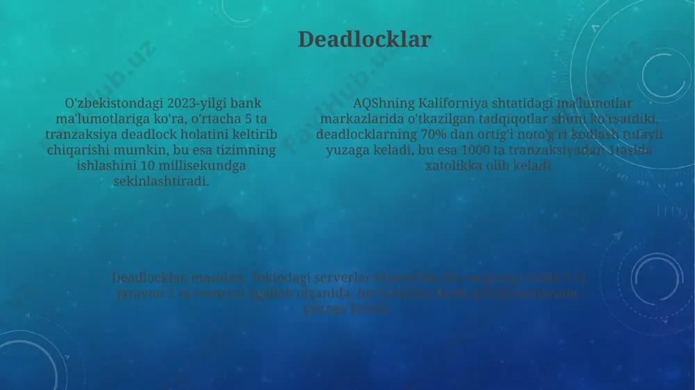 sh uchun, xalqaro toʻlov tizimlari, masalan, swift orqali 24/7 ishlaydigan 3000 dan ortiq serverlar tarmogʻidan foydalaniladi, bu esa har qanday global moliyaviy operatsiyalarni tez va xavfsiz amalga oshirish imkonini beradi. doimiylik, oʻzbekistonning 200 dan ortiq banklari orqali amalga oshiriladigan pul oʻtkazmalari tizimida muhim rol oʻynaydi, xususan, toshkent va samarqand shaharlari oʻrtasidagi operatsiyalar soni yiliga 5 millionni tashkil etadi. tranzaksiya jurnallari tranzaksiya jurnallarida 2023-yil uchun toshkent shahridagi 3 ta yirik bankning operatsiyalari bo'yicha 500 000 dan ortiq yozuvlar saqlanishi mumkin. kichik va o'rta biznes sub'ektlarining tranzaksiya jurnallarida o'rtacha 10 000 dan 25 000 gacha operatsiyalarni qayd etish kuzatiladi, bu raqamlar biznes hajmining o'sishi bilan ortadi. kichik va o'rta biznes sub'ektlarining tranzaksiya jurnallarida o'rtacha 10 000 dan 25 000 gacha operatsiyalarni qayd etish kuzatiladi, bu raqamlar biznes hajmining o'sishi bilan ortadi. tranzaksiya boshqaruvi xalqaro standartlarga muvofiq, 5000 aqsh dollaridan yuqori bo'lgan tranzaksiyalar majburiy ravishda qo'shimcha tekshiruvdan o'tishi va hujjatlar bilan tasdiqlanishi kerak. …