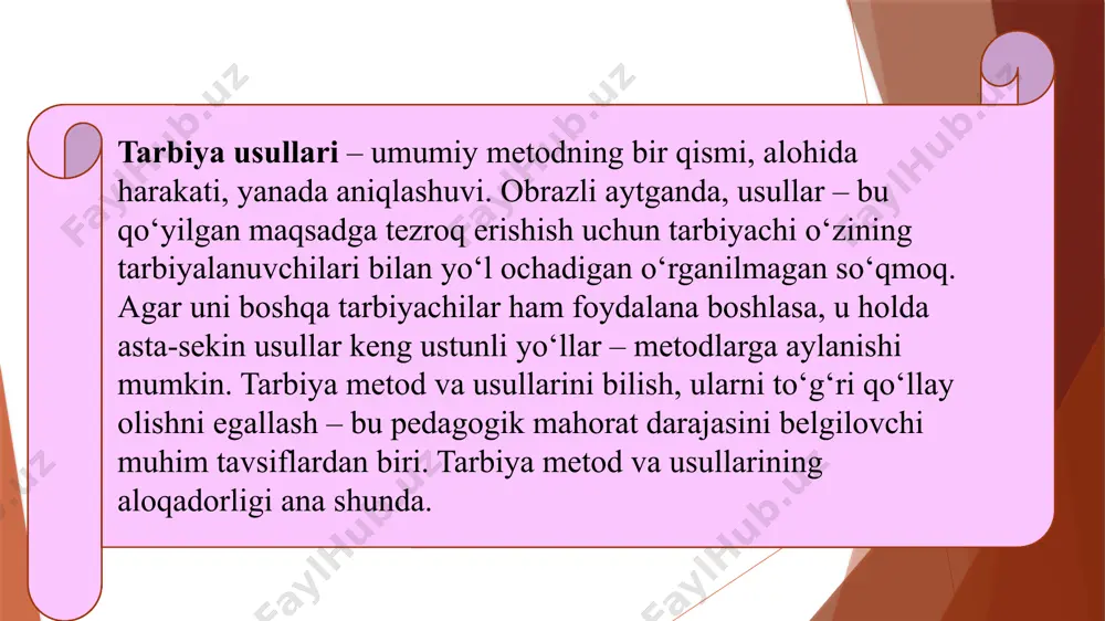 ikkinchisi nasihat qilish va doimiy o‘rgatish bilan bog‘liq. kutiladigan natija metodni tanlayotganda, tarbiyachida muvafaqqiyatga erishishiga ishonch bo‘lishi kerak. buning uchun qo‘llanilayotgan metod qanday natijaga olib kelishini oldindan ko‘ra bilish kerak. tarbiya metodlarining tasnifi zamonaviy pedagogikada ba’zilari amaliy vazifalarni hal etishga, ba’zilari faqat nazariy vazifalarni o‘zida aks ettiradigan o‘nlab tarbiya tasniflari mavjud. metodlar o‘ziga xos xarakteriga ko‘ra ishontirish, mashq, rag‘batlantirish va tanbeh berishga bo‘linadi. mazkur holatda metodning umumiy xarakterli belgisi uo‘zida yo‘nalganlikni, o‘ziga xoslikni, qo‘llanishga yaroqlilikni aks ettiradi. bu tasnifga metodlarning ko‘proq umumlashganligi bilan ajralib turuvchi tarbiyaning umumiy metodlari mustahkam tutashib ketadi. u o‘zida ishontirsh, faoliyatni tashkil etish, o‘quvchilarning xulq-atvorini rag‘batlantirish metodlarini qamrab oladi. i.s. marenkoning tasnifida tarbiya metodlari guruhlar quyidagicha nomlanadi: tushuntirshli-reproduktiv, muammoli vaziyatli, o‘rgatish va mashq metodlari, rag‘batlantirish, to‘sqinlik qiluvchi, boshqarish, o‘zini-o‘zi tarbiyalash. tarbiyalanuvchilarga ta’sir etishi natijalariga ko‘ra metodlarni ikki guruhga bo‘lish mumkin: 1. axloqiy me’yorlar, motivlarni hosil qilishga, tasavvur, tushuncha, g‘oyalarni shakllantirishga ta’sir etuvchi. 2. xulq-atvorning u yoki …