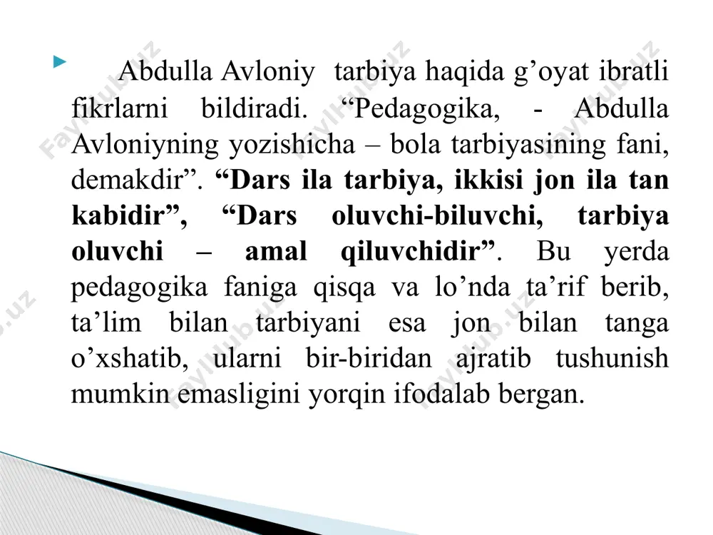 xarakteri, o‘z qadr-qimmatini anglash tuyg‘ulari rivojlantirilib borilishi zarur. tarbiyaning shaxsga yo‘naltirilganligi. tarbiya insonda e'tiqod, demokratik qarashlar va hayotiy pozitsiyaning shakllanishiga olib keladi. tarbiya mazmunining eng muhim unsurlaridan biri – bu insonning hayotiy o‘z-o‘zini anglashi, uning o‘z shaxsiy hayoti va faoliyatining sub'ekti sifatida e'tirof etilishi bilan tavsiflanadi. inson kamolotida fuqarolik, kasbiy va axloqiy o‘z-o‘zini anglash jihatlari muhim ahamiyatga egadir. o‘z-o‘zini anglash. 1. sodiqova sh.a. maktabgacha pedagogika. – т., “tafakkur sarchashmalari”, 2013 2. pedagogika nazariyasi va tarixi. 1-qism. pedagogika nazariyasi /m.x.toxtaxodjayeva va boshq. prof. m.x.toxtaxodjayevaning umumiy tahriri ostida. – t., “iqtisod-moliya”, 1996. adabiyotlar ro’yxati image1.jpeg /docprops/thumbnail.jpeg