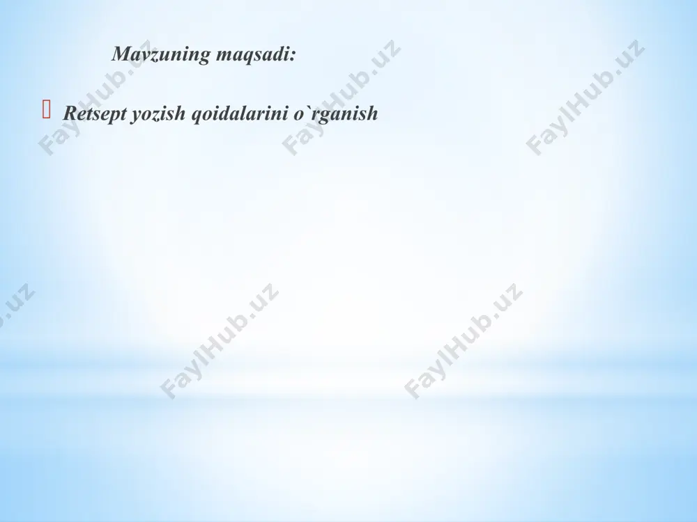 adonna,ae,f momaqaymoq crataegus,i,f do`lana rheum,i,n ravoch frangula,ae f itjumrut urtica,ae,f chayono`t dorivor moddalarning nomlari: aether,eris,m efir barbitalum-natrium,i,n barbital-natriy cacao kakao cordigitum,i,n kordigit dimedrolum,i,n dimedrol diprophyllinum,i,n diprofillin euphyllinum,i,n eufillin furacilinum,i,n furatsilin mentholum,i,n mentol nitroglycerinum,i,n nitroglitserin phenacetinum,i,n fenatsetin saccharum,i,n shakar tetracyclinum,i,n tetratsiklin validolum,i,n validol boshqa so`zlar: aethylicus,a,um etilgaoid aqua,ae,f suv destillatus,a,um distillangan fluidus,a,um suyuq obductus,a,um po`st bilan qoplangan oleosus,a,um moyli quantum satis keragicha spiritus,us,m spirt i. quyidagi retseptlarni tarjima qiling: 1. ol: valeriana ekstrakti 0,3. do`lana nastoykasi 0,15. ravoch nastoykasi 0,8. barbital-natriy 0,2. etil spirti 20 ml. distillangan suv 200 ml gacha. aralashtirilsin. berilsin. belgilansin. 2.0l: marvaridgul nastoykasi. valeriana nastoykasi tengma-teng 10 ml. nitroglitserin eritmasi 1% - 1 ml. validol 2 ml. aralashtirilsin. berilsin. belgilansin. 3. ol: monomitsin 0,25 shunday dozalarda 10 dona ber. belgila. 4. ol: barbital-natriyo,5. kakao moyi keragicha, shamcha hosil qilish uchun. shunday dozalarda 12 dona berilsin. belgilansin. 5. ol: eufillin 0,1 dimedrol 0,0125. shakar 0,2. aralashtir, kukun hosil …