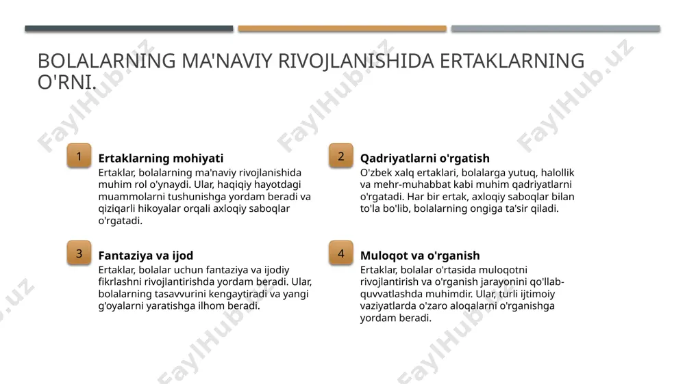 moiy munosabatlarda muhimdir. o'zbek xalq ertaklari: tarixiy kontekstda bolalar uchun ma'no. 01 tarixiy kontekst o'zbek xalq ertaklari, o'z tarixiy kontekstida, xalqning turmush tarzi, qadriyatlari va an'analarini aks ettiradi, bolalarga tarixiy bilish beradi. 02 qahramonlar va darslar ertaklardagi qahramonlar orqali bolalar ijobiy va salbiy xarakterlarni o'rganishadi, ulardan hayotiy darslar olishadi va axloqiy qadriyatlarni shakllantiradilar. 03 madaniy meros o'zbek xalq ertaklari, madaniy meros sifatida, avloddan avlodga o'tib, xalqning o'ziga xosligini saqlaydi va bolalarga o'z tarixini tanitadi. 04 zamonaviy ahamiyati hozirgi kunda, ertaklar bolalar uchun zamonaviy tarbiyada muhim ahamiyatga ega, ular orqali axloqiy o'qitish va ijodiy fikrlash rivojlanadi. qahramonlar va ulardan olingan darslar: bolalar uchun o'rnak sifatida. 1 qahramonlar va axloqiy darslar - o'zbek xalq ertaklaridagi qahramonlar bolalarga yaxshi xulq-atvor va axloqiy qadriyatlarni o'rganishda muhim o'rin tutadi. 2 qahramonlarning roli - har bir qahramon o'zining o'ziga xosligi va xarakteri orqali bolalarda mardlik, sadoqat va mehr-shafqat kabi fazilatlarni rivojlantiradi. 3 o'rnak sifatida - qahramonlarning …