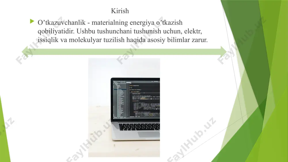 azuvchanlik - energiyaning bir jismdan boshqasiga oʻtish jarayonidir. bu jarayonda energiya issiqlik, elektr yoki mexanik shaklda oʻtadi. energiyani oʻtkazish jarayoni jismning o'zaro taʼsiri va harakatlanishi orqali amalga oshadi, bu esa energiya samaradorligini oshirishga yordam beradi. oʼtkazuvchanlikning samarali boʼlishi energiya yoʻqotilishining kamayishiga olib keladi, shuning uchun energiya samaradorligi yuqori boʼladi. oʼtkazuvchanlikning asosiy qonunlari 1. ohm qonuni: tok va kuchlanish orasidagi munosabat. misol: kuchlanish oshganda, tok kuchi ham oshadi. 2. fourier qonuni: issiqlik oqimi va uning oʼtkazuvchanligi. misol: metalda issiqlik bir uchi qizgʼin, ikkinchi uchi sovuq. 3. newton qonuni: kuchlar va harakat oʼrtasidagi munosabat. misol: jismlar orasidagi toʼgʼri chiziqli harakat. 4. stefan-boltzmann qonuni: radiatsiya va issiqlik. misol: qizigan jismlardan infraqizil nurlar chiqariladi. amaliy ahamiyati ushbu qonunlar energiya samaradorligini oshirishda va texnologik jarayonlarni optimallashtirishda muhimdir. 1. energiyani o'tkazishning birinchi usuli - konduksiyadir. bu usulda energiya to'g'ridan-to'g'ri materiallar orqali o'tadi, masalan, metallarda. konduksiya juda samarali bo'lib, issiqlikni tezda tarqatadi. 2. energiyani o'tkazishning ikkinchi usuli …