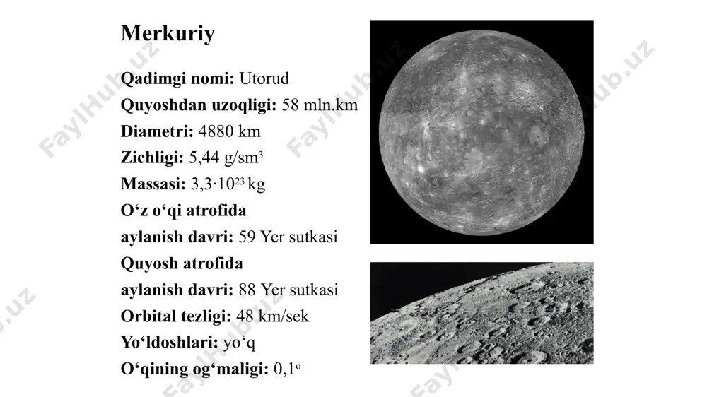 anish davri : 117 yer sutkasi quyosh atrofida aylanish davri : 225 yer sutkasi orbital tezligi : 35 km/ sek yo‘ldoshlari : yo‘q o‘qining og‘maligi : 177 o ( teskari aylanadi ) planetalararo avtomatik stansiya 1974-yilda merkuriydan 47 ming 981 kilometrlik masofadan o‘tayotib , planeta sirtining 500 ga yaqin sifatli rasmlarini oldi . bu rasmlar planeta « yuz tuzilishi » jihatidan oyga juda o‘xshashligini ko‘rsatdi . oy sirtidagi kabi merkuriy yuzasi ham meteoritlar zarbidan « momataloq » bo‘lib , turli kattaliklardagi kraterlar bilan qoplangani , «mariner-10» olgan planeta rasmlaridan shundoqqina ko‘rinib turibdi 9 - mavzu: sayyoralar fizikasi « voyajer»lar yordamida spektroskopik kuzatishlar neptunda vodorod va metan borligini ma’lum qildi . planeta zichligining yupiter va saturn zichligidan ortiqligi , uning tarkibida og‘irroq elementlar mavjud , degan xulosaga olib keldi . yer nomi: yer quyoshdan uzoqligi : 149,6 mln.km diametri : 12756 km zichligi : 5, 5 g/sm 3 massasi : 6 …