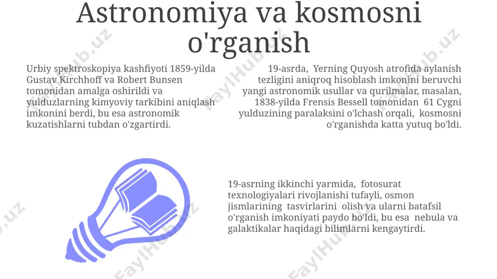 likdagi zarrachalar sonini o'z ichiga olgan statistik mexanikani rivojlantirishga olib keldi. biologiya va evolyutsion nazariyalar darvinning "turlarning kelib chiqishi" (1859) asari tabiiy tanlanish orqali evolyutsiyani tushuntirdi, bu esa 20-asr biologiya faniga katta ta'sir ko'rsatdi. gregor mendelning 1860-yillardagi genetika bo'yicha tadqiqotlari irsiyatning asosiy qonunlarini aniqladi, ammo bu kashfiyotlar uzoq vaqt e'tiborsiz qoldirildi. 19-asrda hujayra nazariyasi rivojlanib, 1838-yilda shleiden va shvann tomonidan barcha tirik mavjudotlar hujayralardan tashkil topganligi haqidagi asosiy printsiplar bayon qilindi. xix asrda fan va texnikaning rivojlanishiga kirish 19-asrda bug‘ va elektr energiyasining kashfiyoti sanoat inqilobining 2-bosqichiga turtki bo‘lib, texnologiyalarni 10-15 baravar tezlashtirdi va ommaviy ishlab chiqarishni rivojlantirdi. xix asrda kimyo sanoatining rivojlanishiga d.i. mendeleyevning davriy sistemasining kashfiyoti katta ta’sir ko‘rsatib, yangi materiallar va texnologiyalarning yaratilishini tezlashtirdi. 19-asr oxirida aloqa texnologiyalarining rivojlanishi, xususan, telefon va radio kashfiyoti global miqyosda axborot almashinuvini sezilarli darajada tezlashtirdi va yangi davrni boshlab berdi. elektr energiyasi va uning qo'llanilishi 1830-yillarda maykl faradeyning elektromagnit induksiyasi bo'yicha …