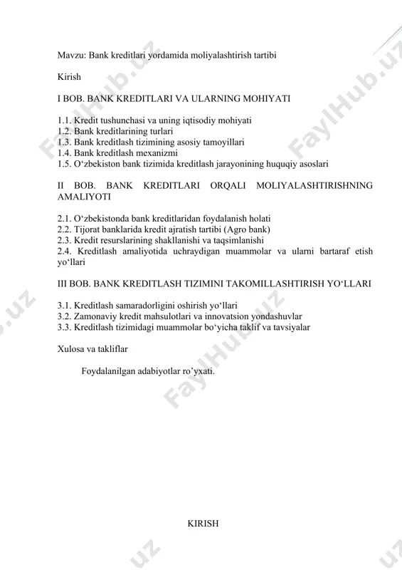 him vosita bo‘lib xizmat qiladi. mazkur kurs ishining mavzusi — bank kreditlari yordamida moliyalashtirish tartibini o‘rganishga bag‘ishlangan bo‘lib, unda kredit mablag‘larining ajratilishi, foydalanilishi, qaytarilishi va ularga qo‘yiladigan talablar tahlil qilinadi. bundan tashqari, banklar tomonidan qo‘llaniladigan kredit siyosati, foiz stavkalari, garov ta'minoti, qarz oluvchining kreditga layoqatlilik darajasi ham ko‘rib chiqiladi. mavzuning dolzarbligi shundaki, har qanday xo‘jalik yurituvchi subyektning barqaror va samarali faoliyat yuritishi uchun tashqi moliyaviy resurslarga bo‘lgan ehtiyoji mavjud. ayniqsa, tijorat banklarining kreditlash tizimi orqali moliyaviy qo‘llab-quvvatlash tadbirkorlik subyektlari uchun asosiy turtki bo‘lib xizmat qiladi. shu bois, ushbu mavzuni chuqur o‘rganish nafaqat nazariy, balki amaliy jihatdan ham muhim ahamiyat kasb etadi. i bob. bank kreditlari va ularning mohiyati 1.1. kredit tushunchasi va uning iqtisodiy mohiyati kredit ta’minoti: mohiyati, turlari va ahamiyati mijozlar bankdan kredit olishda ko’p hollarda qo'shimcha ta'minot taqdim qilinishi talabi bilan duch keladi. masalan, mol-mulkni garovga qo’yish yoki kafil berish. kredit ta’minoti o’zi nima, u nega zarur va …