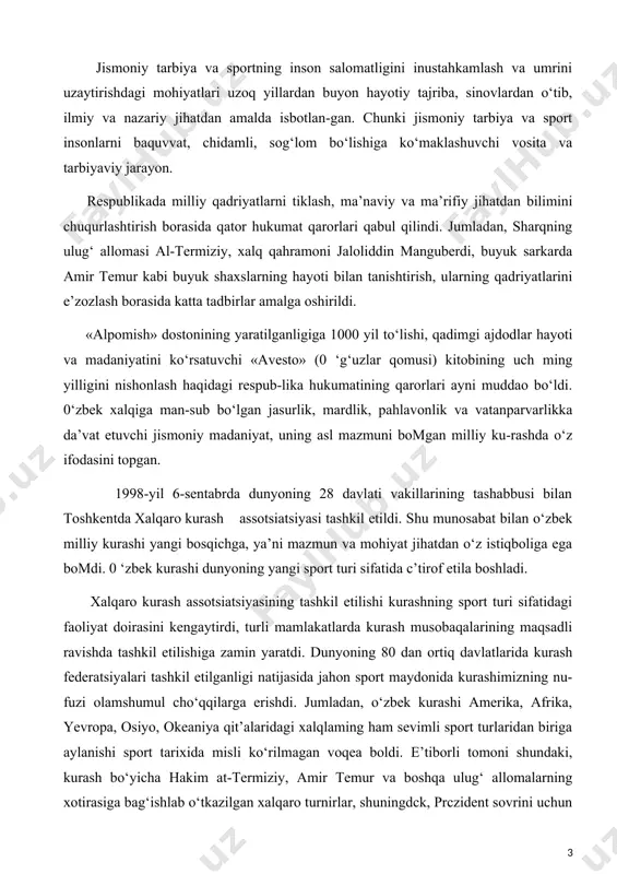 iyasi tashkil etildi. shu munosabat bilan o‘zbek milliy kurashi yangi bosqichga, ya’ni mazmun va mohiyat jihatdan o‘z istiqboliga ega bomdi. 0 ‘zbek kurashi dunyoning yangi sport turi sifatida c’tirof etila boshladi. xalqaro kurash assotsiatsiyasining tashkil etilishi kurashning sport turi sifatidagi faoliyat doirasini kengaytirdi, turli mamlakatlarda kurash musobaqalarining maqsadli ravishda tashkil etilishiga zamin yaratdi. dunyoning 80 dan ortiq davlatlarida kurash federatsiyalari tashkil etilganligi natijasida jahon sport maydonida kurashimizning nu-fuzi olamshumul cho‘qqilarga erishdi. jumladan, o‘zbek kurashi amerika, afrika, yevropa, osiyo, okeaniya qit’alaridagi xalqlaming ham sevimli sport turlaridan biriga aylanishi sport tarixida misli ko‘rilmagan voqea boldi. e’tiborli tomoni shundaki, kurash bo‘yicha hakim at-termiziy, amir temur va boshqa ulug‘ allomalarning xotirasiga bag‘ishlab o‘tkazilgan xalqaro turnirlar, shuningdck, prczident sovrini uchun xalqaro musobaqalaming har yili omkazilishi odat tusiga aylandi. milliy bayramlar munosabati bilan yosh sportchi va polvonlar o‘rtasida kurash bo‘yicha ommaviy musobaqalar o‘tkazilmoqda. 0‘zbek kurashining ilmiy asoslangan amaliy-uslubiy nazariyasini barcha qit’alardagi kurashscvarlarga tomaqonli yetkazish, rivojlanishini ta’minlash …