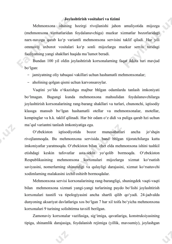 ish kerak, aks holda ularni boshqarish juda qiyinlashishi mumkinligini qayd etmoqdalar. asosan 2000 ta joy mana shunday chegara deb hisoblanadi. katta sig‘imli mehmonxona qurish talab etilgan hollarda odatda mehmonxona komplekslari qurishga o‘tiladi. asosiy (nomerlar fondida ko‘rsatiladigan) pullik xizmatlarga belgilangan narx-navo darajasiga qarab, mehmonxonalar : · byudjet mehmonxonalariga (25-35 aqsh dollari); · iqtisodiy mehmonxonalarga (35-55 aqsh dollari; · o‘rtacha mehmonxonalarga (55-95 aqsh dollari); · birinchi toifali mehmonxonalarga (95-195 aqsh dollari); · apart-otellarga (65-125 aqsh dollari); · lyuks-otellarga (125-525 aqsh dollari) bo‘linadi. mijozlarning yashash muddatiga qarab: · uzoq muddat yashashga mo‘ljallangan; · qisqa vaqt yashashga mo‘ljallangan mehmonxonalar farqlanadi. yil davomida faoliyat ko‘rsatish muddatiga qarab: · yillik (butun yil mobaynida ishlaydigan) mehmonxonalar; · mavsumiy (yozda, qishda ishlaydigan) mehmonxonalar farqlanadi. mehmonxonalarda yashovchilarni ovqatlantirish usuliga qarab: · to‘liq pansion bilan ta’minlovchi mehmonxonalar; · faqat nonushta beradigan mehmonxonalar; · ovqatlanishni taklif qilmaydigan (qoida tariqasida, o‘z gastronomik ishlab chiqarishi, ya’ni restorani yoki boshqa korxonasi yo‘qligi tufayli) mehmonxonalar …