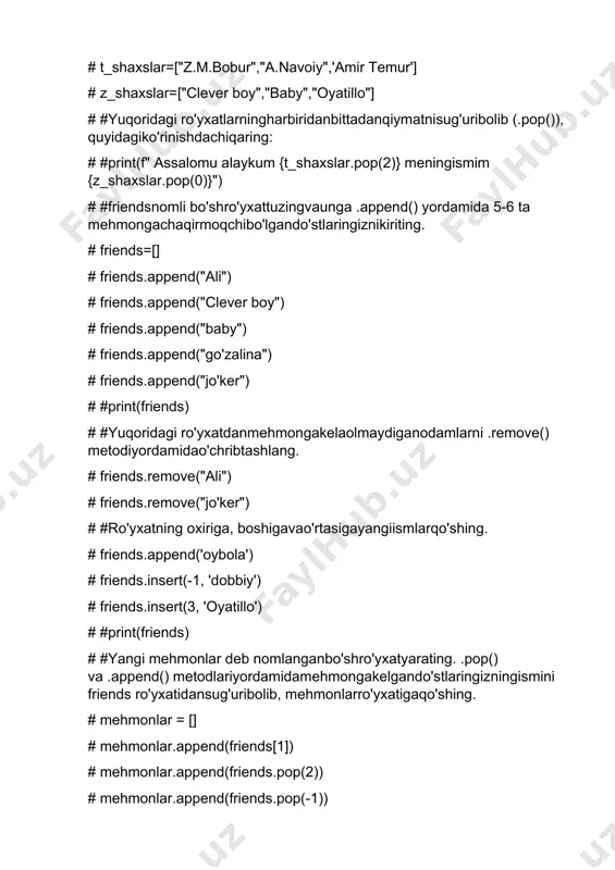 taro'yxatinio'zgarmasro'yxatgaaylantiringvanonushta[0] = "qaymoqva non" deb qiymatberibko'ring. # nonushta = tuple(nonushta) # nonushta[0] = "qaymoqva non" #9-lesson #kamida 5 elementdaniboratismlardeganro'yxattuzing, varo'yxatdagiharbirismgatakrorlanuvchixabaryozing # friends=['ali','cleverboy',"go'zalina","baby","jo'ker"] # for ism in friends: # print("assalommu alaykum" , ism) #yuoqirdagi tsikltugaganidanso'ng, ekranga "kod n martatakrorlandi" deganxabarnichiqaring (n o'rnigakodnechamartatakrorlanganiniyozing) #print(f" kod {len(friends)} marttatakrorlandi " ) #10 dan 100 gachabo'lgantoqsonlarro'yxatinituzing. ro'yxatningxarbirelementiningkubiniyangiqatordankonsolgachiqaring. # for son in range(9,100,2): # print(son**3) #foydalanuvchidan 5 ta engsevimlikinolarinikiritshniso'rang, vakinolardeganro'yxatgasaqlaboling. natijanikonsolgachiqaring. # movie=["harry potter","joker","qasoskorlar","veronika"] # #print(movie) # suhbat=[] # son = int(input("bugunnechkishi bn uchrashdiz ? ")) # n=1 # for i in range(1,son+1): # a=suhbat.append(input(f"{n} kim bn ko'rishdiz>>> ")) # n+=1 # print(suhbat) #10-lesson # #yangi cars = ['toyota', 'mazda', 'hyundai', 'gm', 'kia'] deganro'yxattuzing, ro'yxatelementlariningbirinchiharfinikattaqilibkonsolgachqaring. gm uchunikkalaharfnikattaqiling. # cars = ['toyota', 'mazda', 'hyundai', 'gm', 'kia'] # for car in cars: # if car == 'gm': # print(car.upper()) # else: # print(car.title()) # #yuqoridagi mashqnitengemas (!=) operatoriyordamidabajaring. # cars = ['toyota', 'mazda', 'hyundai', 'gm', 'kia'] # for …