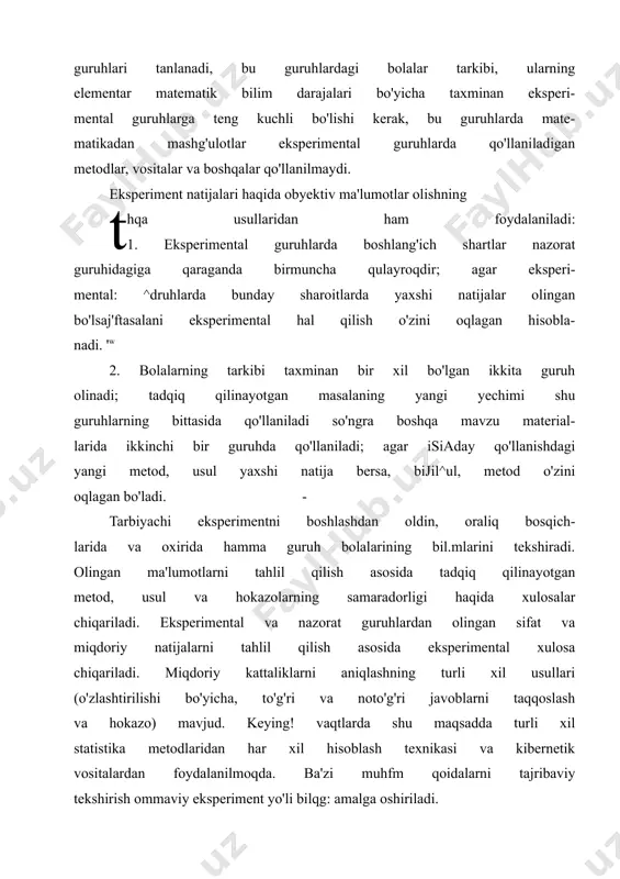 ari va mala4 vrh<*! savollar shunday bo'lishi kerakki, ularni haqjijfcfr bir xil tu-v; shunsin, ular aniq (mujmal bo'lmagan) javoblarni talab qilsin. '; ilmiy-pedagogik tadqiqotlarda elementar matematik tasawur- larni shakllantirishda nazariy metodlar yetakchi rol o'ynaydi. har bir tadqiqotda oldin o'rganish obyektini tanlash, nazariy tahlil asosida obyekt qaysi dalillarga bog'liqligini aniqlash va tekshirish uchun ulardan yetakchilarini tanlash kerak. tadqiqotning maqsad va vazifalarini yaqqol aniqlash gipotezasini (faraz) tuzish, shunga mos ravishda tadqiqot o'tkazish metodikasini ishlab chiqish, tadqi- qotning borishida olingan dalillarni tushuntirish hamda tahlil qilish usullarini tanlash va xulosalarni ifodalash lozim. bu ishlarning hammasini bajarish uchun tadqiq qilinayotgan masalaning ilgari va hozirgi vaqtdagi nazariya hamda amaliyotni yorituvchi adabiy manbalarni o'rganish va tahlil qilish kerak. nazariy metodlar boshqa metodlar bilan bir qatorda matematika mashg'ulotlariga oid har bir tadqiqotda qo'llaniladi. har qanday ilmiy muam- molarni hal qilishda eng oldin qilinayotgan masalaga oid hamma adabiyotni o'rganish va nazariy tadqiqot o'tkazish kerak. busiz u maqsadga yo'naltirilgan bo'lmaydi, …