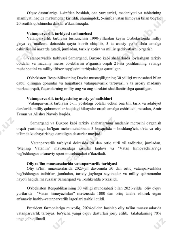 i 10 ta maktabda amalga oshirilgan tajriba loyihasi shuni ko'rsatdiki, interfaol o'yinlar va milliy qahramonlar haqidagi hikoyalar yordamida vatanparvarlik tuyg'ularini rivojlantirish 30% ga samaraliroq. o'quv dasturlariga 1-sinfdan boshlab, ona yurt tarixi, madaniyati va tabiatining ahamiyati haqida ma'lumotlar kiritildi, shuningdek, 5-sinfda vatan himoyasi bilan bog'liq 20 soatlik qo'shimcha darslar o'tkazilmoqda. vatanparvarlik tarbiyasi tushunchasi vatanparvarlik tarbiyasi tushunchasi 1990-yillardan keyin o'zbekistonda milliy g'oya va mafkura doirasida qayta ko'rib chiqilib, 5 ta asosiy yo'nalishda amalga oshirilishini nazarda tutadi, jumladan, tarixiy xotira va milliy qadriyatlarni o'rgatish. vatanparvarlik tarbiyasi samarqand, buxoro kabi shaharlarda joylashgan tarixiy obidalar va madaniy meros ob'ektlarini o'rganish orqali 21-asr yoshlarining vatanga muhabbatini va milliy iftixor tuyg'usini tarbiyalashga qaratilgan. o'zbekiston respublikasining davlat mustaqilligining 30 yilligi munosabati bilan qabul qilingan qonunlar va hujjatlarda vatanparvarlik tarbiyasi, 7 ta asosiy madaniy markaz orqali, fuqarolarning milliy ong va ong-idrokini shakllantirishga qaratilgan. vatanparvarlik tarbiyasining asosiy yo'nalishlari vatanparvarlik tarbiyasi 5-11 yoshdagi bolalar uchun ona tili, tarix va adabiyot darslarida …