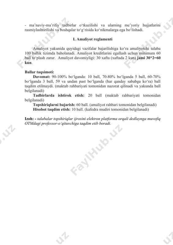 о‘tkazish – 4 ball a) 5 ta sinf uchun – 4 ball b) 4 ta sinf – 3 ball c) 3 ta sinf 2 ball d) 2 ta sinf 1 ball izoh: amaliyot rahbari imzosi bilan tasdiqlangan material asosida aniqlanadi. 8) sinflar kesimida tanlangan mavzular yuzasidan blits sо‘rov va javob variantini tayyorlash(5-7-8-9-10-sinflarga bittadan). maktab о‘qituvchisi hamkorligida aprobatsiyadan о‘tkazish – 2 ball a) 5 ta sinf uchun – 2 ball b) 4 ta sinf – 1 ball izoh: amaliyot rahbari imzosi bilan tasdiqlangan material asosida aniqlanadi. 9) sinflar kesimida tanlangan mavzular yuzasidan aqliy xujum uchun vaziyat yaratish, debat savollari va javob variantini tayyorlash(5-7-8-9-10-sinflarga bittadan). maktab о‘qituvchisi hamkorligida aprobatsiyadan о‘tkazish – 4 ball a) 5 ta sinf uchun – 4 ball b) 4 ta sinf – 3 ball c) 3 ta sinf 2 ball d) 2 ta sinf 1 ball izoh: amaliyot rahbari imzosi bilan tasdiqlangan material asosida aniqlanadi. 10) keyslar bankini …