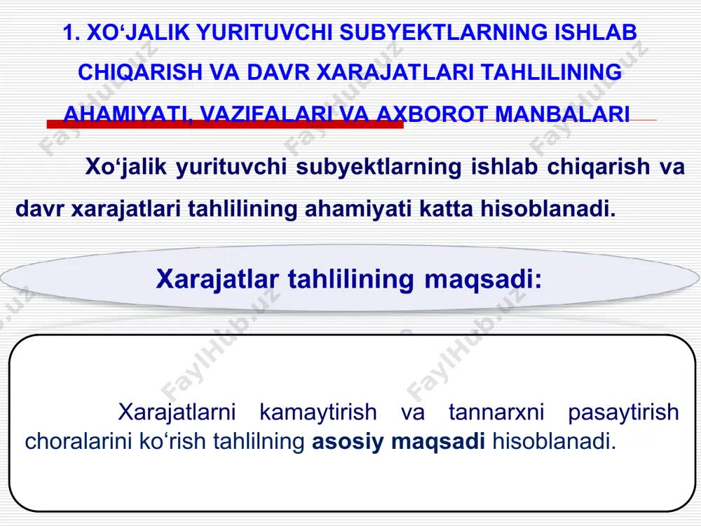 oydaga ta’sir etuvchi omil bu tannarxdir. tannarx tahlili orqali har bir xo‘jalik yurituvchi subyektni ishlab chiqarish, ish bajarish, xizmat ko‘rsatish yuzasidan qilingan xarajatlarini maqsadga muvofiqligi, samaradorligi va natijaviyligi baholanadi. xarajatlar – hisobot davrida aktivlarning kamayishi yoxud majburiyatlarning ko‘payishidir. xarajatlar – muayyan davr oralig‘ida sarflangan resurslarning pul o‘lchovidagi qiymatidir. 2. xarajatlarni turkumlash xarajat – hisobot davrida iqtisodiy foydani aktivlarning chiqib ketishi yoki ulardan foydalanish shaklida kamayishi, shuningdek, qatnashchilar o‘rtasida kapitalning kamayishiga olib keluvchi majburiyatlarning yuzaga kelishidir. mahsulot tannarxi ishlab chiqarish yoki qayta ishlash jarayonida ishlatilgan tabiiy resurslar, xomashyo, materiallar, yoqilg‘i, energiya, asosiy vositalar (amortizatsiya), mehnat resurslari va boshqa ishlab chiqarish bilan bog‘liq xarajatlarning qiymat ko‘rinishini ifodasidir. xarajatlar va ularning tasnifi mahsulot ishlab chiqarish tannarxi xarajatlarini hisobga olish va nazorat qilish, mahsulot bahosini shakllanishi va korxonaning foyda va rentabelligini aniqlash, korxonaning boshqaruv va investitsiya faoliyatlari bo‘yicha qarorlarni qabul qilish, resurslardan foydalanish, yangi texnika va texnologiyalarni joriy etish, ishlab chiqarishni boshqarish va tashkil …
