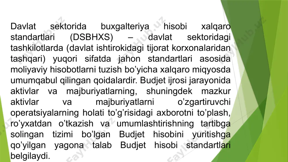 tsion ko’chmas mulk (investment property) asosiy vositalar (property, plant and equipment) segment bo’yicha hisobot (segment reporting) rezervlar, shartli majburiyatlar va shartli aktivlar (provisions, contingent liabilities and contingent assets) bog’liq tomonlar bo’yicha ma’lumotni ochib berish (related party disclosures) aylanishda bo’lmagan pul mablag’laridagi aktivlarni qadrsizlanishi (impairment of non-cash generated assets) davlat boshqaruvi sektoridagi moliyaviy hisobot axborotlarni ochib berish (disclosure of information about the general government sector) almashuvsiz muomalalardan tushum(soliq va transfertlar) (revenue from non-exchange transactions (taxes and transfers)) moliyaviy hisobotda budjet axborotlarini taqdim etish (presentation of budget information in financial statements) xodimlarni rag’batlantirish (employee benefit) aylanma pul mablag’laridagi aktivlarni qadrsizlanishi (impairment of cash-generating assets) qishloq xo’jaligi (agriculture) moliyaviy instrumentlar: axborotni taqdim etish (financial instruments: presentation) moliyaviy instrumentlar: tan olish va baholash (financial instruments: recognition and measurement) moliyaviy instrumentlar: axborotni ochib berish (financial instruments: disclosures) nomoddiy aktivlar (intangible assets) davlat sektorida buxgalteriya hisobi xalqaro standartlarini mamlakatlarda qo’llash yanada yuqori sifatli moliyaviy hisobotlarni tuzishga …