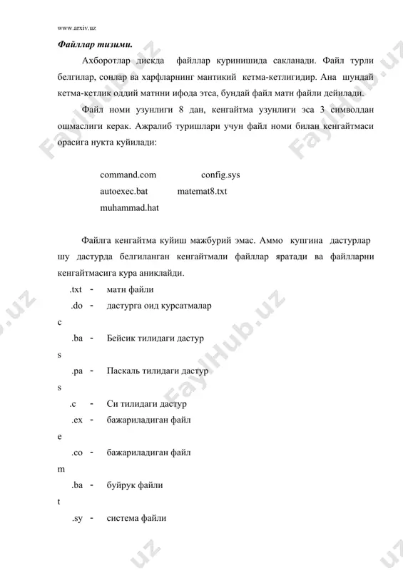 талог) nc wd servmar command.com autoexec.bat config.sys uslub.txt (3.1 -расм. а: номли саклагичдаги каталог ва файллар). бир каталогнинг икки кисм каталоглари бир хил номланиши мумкин эмас. одатда каталогларни номлашда кенгайтмалардан фойдаланилмайди. фойдаланувчи иш олиб бораётган каталог ишчи ёки жорий каталог деб номланади. махсус буйрук булмаса, ms dos жорий каталог файллари билангина иш олиб боради. буйруклар сатридан каталог номини киритиш билан жорий каталогни узгартириш мумкин. файллар тизимини ташкил килиш, ишлаш принципи. фойдаланувчи бирор ички булмаган буйрук киритса, буйрук процессори ана шу буйрукда номи курсатилган дастурни (файлни) жорий булган диск ва каталогдан ахтаради. ахтарув кенгайтмаси ват, сом ёки ехе булган файллар орасидагина олиб борилади, ана шу сабабли шундай кенгайтмали файлларгина тезкор хотирага юкланиши ва ишга тушиши мумкин. буйрукларни киритиш сатридан кенгайтмаси узгача ёки дискда мавжуд булмаган файл номи киритилса, экранга куйидагича хабар чикади: bad command or file name (файл номи ёки дастурдаги хатолик) файллардан нусха олиш файллардан нусха олиш куйидаги амаллардан фойдаланиш …