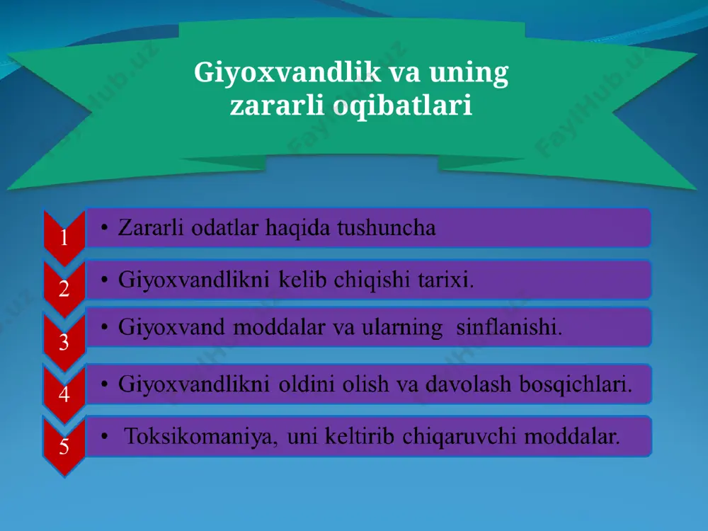 arkotiklarni tibbiyot amaliyotida qo’llashliklarni kuchli nazorat ostiga olishlik. 2. qonunga xilof ravishda narkotik moddalarni yetishtirish va ishlab chiqarilishiga yo’l qo’ymaslik. 3. narkotik moddalarga ega bo’lishlik. 4. narkotik moddalarni saqlash. 5. narkotik moddalarni bir joydan boshqa joylarga etkazish. 6. narkotik moddalarni o’tkazish va sotish. 7. narkotik moddani ayrim shaxslar tomonidan sun’iy holda ishlab chiqarishlikka yo’l qo’ymaslik. 8. ko’knori o’simligini o’stirib etkazish va boshqalar. yuqorida qayd etilgan masalalarning hammasi shaxsiy javobgarlikka tortish uchun asos hisoblanadi. va eng muhimi narkomaniyaning oldini olish — spid (oits) va vich-infektsiyadan-saqlanishdir. narkomaniyaning boshlanishiga sababchi bo’lgan omillar avvalo aytish mumkinki, narkotik moddalarga o’rganib, giyohvand bo’lib qolishlikning sabablari anchagina. masalan: 1) dastavval boshqalardan ko’rib shunga intilishlik; 2) kayf qilishilikka xavas bilan qarashlik; 3) biror boshqa atrofdagi kishilar yoki tengqurlarining ta’sirida birinchi bor o’zini sinab ko’rishlik; 4) guruhlarga qo’shilib qolishlik; 5) uning yomon oqibatlari haqida chuqur o’ylamaslik; 6) oiladagi ayrim nohushliklar; 7) tarbiyaning etarli darajada bo’lmasligi; 8) ijtimoiy va oilaviy …