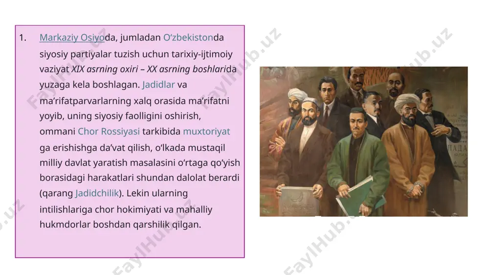 rtirishni maqsad qilib qoʻyuvchi; urushni, ijtimoiy, milliy, irqiy va diniy adovatni targʻib qiluvchi; milliy va diniy ruhdagi partiyalarni tuzish va ularning faoliyat koʻrsatishi taqiqlanadi. oʻzbekiston respublikasi suverenitetiga, yaxlitligi va xavfsizligiga, fuqarolarning konstitutsiyaviy huquq va erkinliklariga qarshi chiquvchi; xalqning sogʻligʻi va maʼnaviyatiga tajovuz qiluvchi siyosiy partiyalar toʻgʻrisidagi oʻzbekiston respublikasining qonuni boʻyicha, huquqni muhofaza qiluvchi organlarda xizmat qiluvchi shaxslar (sudyalar, prokurorlar va prokuratura tergovchilari); ichki ishlar organlari, milliy xavfsizlik xizmati xodimlari, harbiy xizmatchilar, xorijiy davlatlarning fuqarolari va fuqaroligi boʻlmagan shaxslar siyosiy partiyalarga aʼzo boʻla olmaydilar. kimlar aʼzo boʻla olmaydilar. siyosiy partiyalarga aʼzolik faqat yakka tartibda qayd etiladi. . bir partiyaning aʼzosi ayni vaqtda ikkinchi partiyaga aʼzolikka qabul qilinmaydi. siyosiy partiyalarni tuzish uchun kamida 8 ta hududiy subʼyektda (viloyatda), qoraqalpogʻiston respublikasi va toshkent shahrida yashayotgan partiyaga birlashish istagida boʻlgan kamida 20 ming fuqaroning imzosi boʻlishi talab etiladi. oʻzbekistonda qariyb 13 asr davomida shariat qonunlariga amal qilgan qozilik sudi hamda xalq urfodatlari va anʼanalariga …