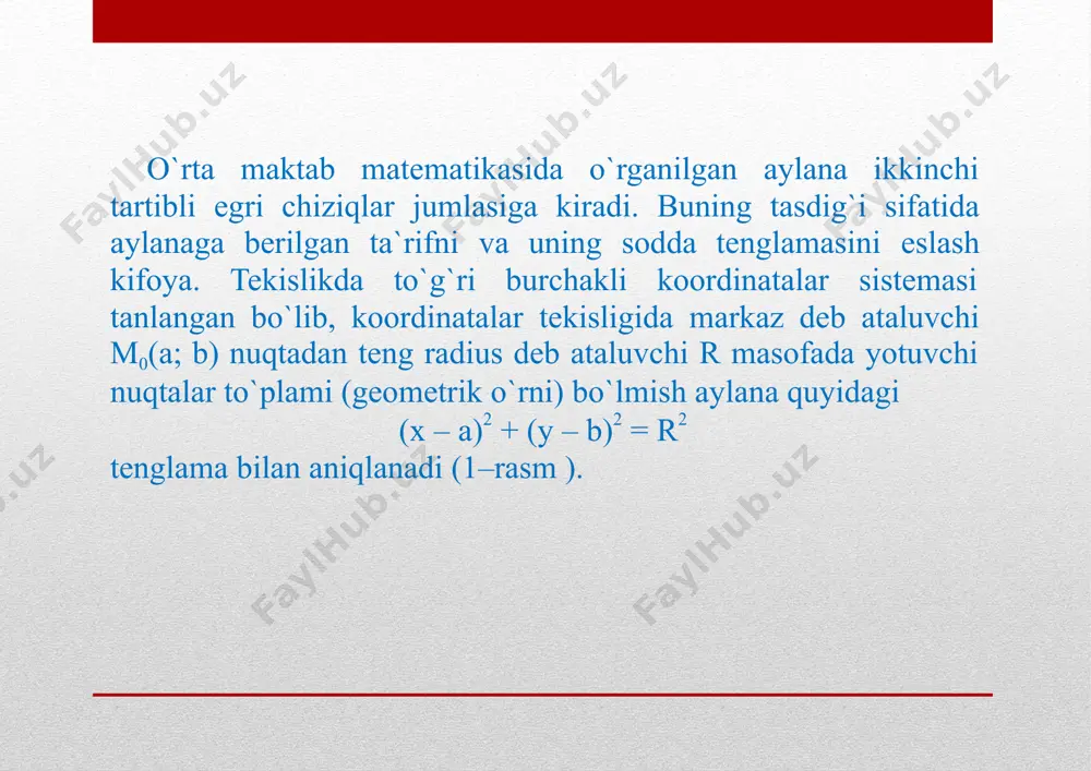 eti2ga teng. 4-rasm. 5-rasm. a1 a2 b2 0 x y f1 f2 b1 0 y x masala. asimptotalari x 2 1 y=± tenglamalar bilan berilgan, fokus- lari orasidagi masofa 10 birlikka teng bo`lgan giperbola tenglamasini tu-zing. giperbola fokuslari abssissa o`qida yotadi deb qarab, uning kanonik tenglamasini tuzamiz: 1 b y a x 2 2 2 2 - =. fokuslar orasidagi masofa f1f2=2c=10 bo`lganidan, c = 5. giperbola uchun c2= a2+ b2bo`lganidan va 2 1 a b=berilganidan foydalanib, quyidagi sistemani tuzamiz va uni yechamiz: ï î ï í ì + = = a b 25 2 1 a b 2 2 sistema yechimi:a=25vab=25. demak, giperbola tenglamasi 1 5 y 20 x2 2 + =kanonik tenglamadan iborat (5–rasm). parabola va uning kanonik tenglamasi tekislikda fokusi deb ataluvchi berilgan f nuqtadan va direktrisasi deb ataluvchi berilgan dd¢to`g`ri chiziqdan teng masofada yotuvchi nuqtalar tuplamigaparaboladeyiladi. abssissa o`qi f fokus nuqtadan dd¢direktrisaga perpendikulyar ravishda o`tuvchi, ordinata …