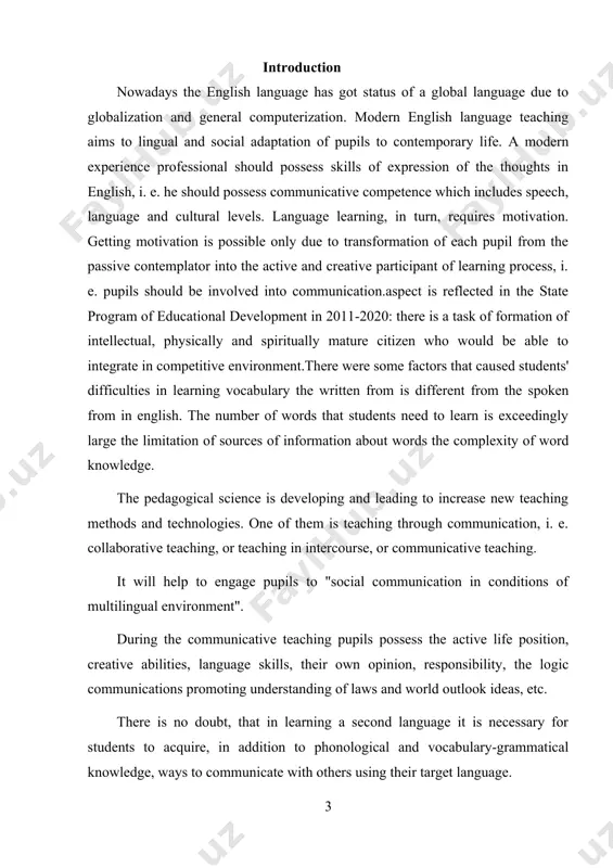necessity of transition to the modern model of formation communicative pupils’ skills and high potential of the teaching. the problem is in fact that teaching communication has its difficulties in successful teaching and should be thoroughly prepared and designed. the object of investigation: the process of the english language teaching and learning. the subject is the methodological process of teaching communication in english. the hypothesis: if we teach communication and develop communicative competence it will contribute to rising teaching effectiveness. the goal of the work: to consider effective ways in formation of communicative competence in the process of english teaching and learning.following objectives are established: · to study the theoretical basis of communicative language teaching; · to research principles, aims and features of communicative teaching; · to reveal main techniques of involving of pupils in communication activity; · to develop lesson plans with using of communicative teaching techniques. chapter i …
