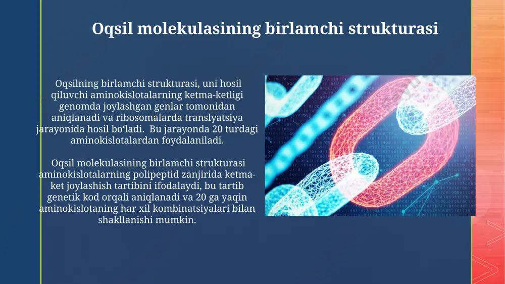 irlamchi strukturasi oʻzgarmagan holda ham aminokislotalarning fazoviy joylashishi tufayli, uchlamchi struktura o'zgarishi, oqsilning funksiyasini yo'qotishiga sabab bo'lishi mumkin. uchlamchi struktura hosil boʻlishida gidrofob aminokislotalarning oʻzaro ta'siri muhim ahamiyatga ega, chunki ular suv molekulalaridan yashirinishga harakat qilib, polipeptid zanjirining ichki qismida joylashadi, bu esa molekulaning ixcham va turg'un holatini ta'minlaydi. peptidlar peptidlar aminokislotalarning o'zaro peptid bog'lari orqali birikishi natijasida hosil bo'ladigan birikmalardir, ularning molekulyar massasi 20 kda dan kam bo'ladi. peptid bog'lari planar tuzilishga ega. oqsil molekulalari 20 ga yaqin turli aminokislotalar ketma-ketligi, ya'ni peptid bog'larining mustahkam planar tuzilishi natijasida hosil bo'ladi. nuklein kislotalarning kimyoviy tarkibi nuklein kislotalar ikki xil purin asoslari – adenin (a) va guanin (g) dan, ikkita pirimidin asoslari – sitozin (s) va uracilsdan (rnkda) yoki timindan (dnkda) va fosfor kislotasidan tashkil topgan. rnk molekulalaridagi riboza uglevod komponentlarining 2'-gidroksil guruhi, dnkdagi dezoksiribozaning 2'-gidroksil guruhining yo'qligiga qarab farq qiladi. oqsillarning toʻrtlamchi strukturasi oqsillarning toʻrtlamchi strukturasining hosil boʻlishida vodorod bogʻlari, …