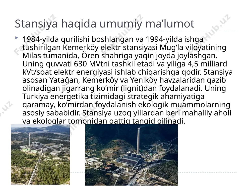 k oʻsimliklarning ustki qatlamini qoplab, fotosintez jarayoniga toʻsqinlik qiladi va ularning oʻsishiga salbiy taʼsir koʻrsatadi. suv ifloslanishi suv manbalariga tahdid: termik ifloslanish va ogʻir metallar. kemerköy elektr stansiyasi faqat havoni emas, balki suv havzalarini ham ifloslantiradi. u sovutish tizimlari uchun ege dengizidan suv olib, uni isitilgan holda qaytaradi. bu esa dengiz suvi haroratining koʻtarilishiga, termik ifloslanishga olib keladi. issiq suv mahalliy dengiz ekosistemasining, jumladan, baliqlar va boshqa dengiz jonzotlarining yashash sharoitini oʻzgartiradi. bundan tashqari, koʻmir kulini saqlash joylaridan ogʻir metallar (masalan, mishyak, simob) va boshqa kimyoviy moddalar suvga sizib oʻtishi mumkin, bu esa yer osti suvlari va dengizdagi ekotizimga jiddiy zarar yetkazadi. issiqlik elektr stansiyalari suvini iste'mol qilish arafasida tuproq ifloslanishi tuproq sifati: qattiq chiqindilarning taʼsiri. elektr stansiyada koʻmir yoqish jarayonida hosil boʻlgan kul va shlak katta hajmdagi chiqindi sifatida yigʻiladi. bu chiqindilar maxsus maydonchalarda saqlanadi, ammo yomgʻir suvi orqali kul tarkibidagi ogʻir metallar va zaharli moddalar tuproqqa singib ketadi. …