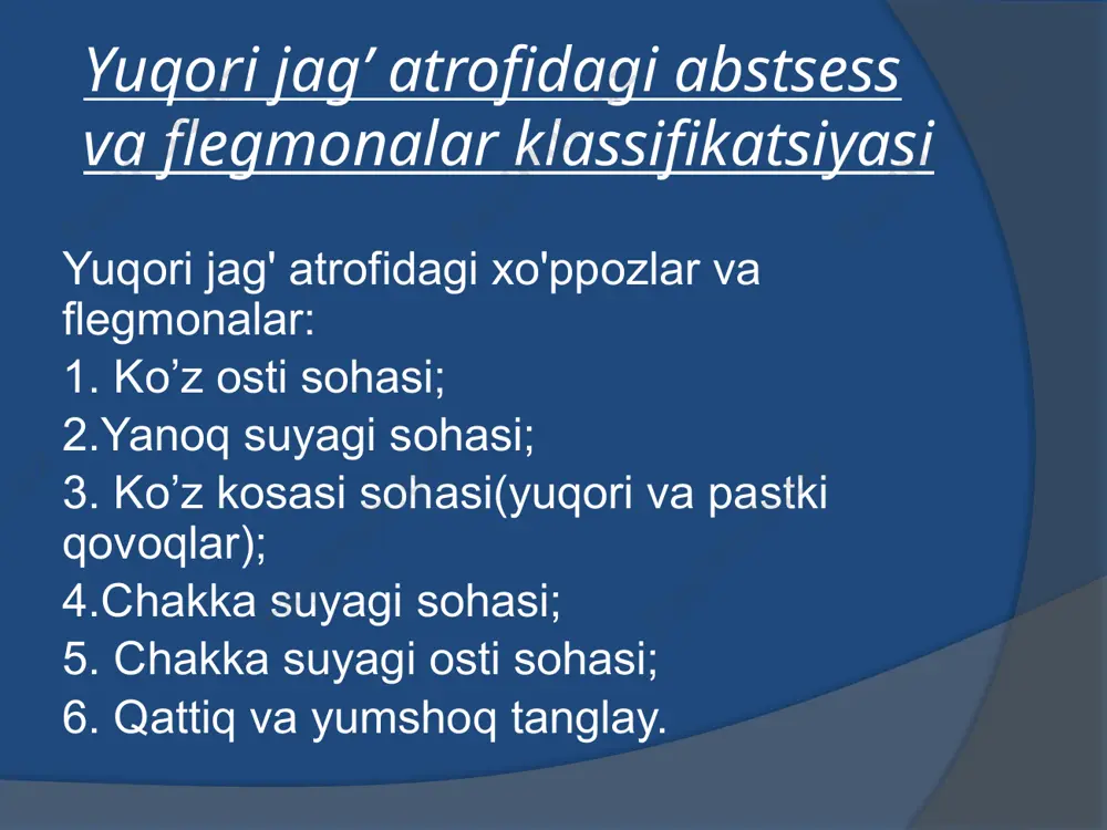obiliyatining o’zgarishi ko’z olmasida pulsatsiya xarakteriga ega bo’lgan og’riqqa shikoyat qiladi. flegmonada bemor shikoyati: chakka, peshona, ko’z osti sohalariga intensiv, irradiatsiya beriladigan, pulsatsiyali og’riq va kattiq bosh og’rig’iga shikoyat qiladi. . ko’z kosasi abstsessida qovoqlar sohasida yallig’lanuvchi shish paydo bo’ladi. ko’z kosasi yallig’lanish jarayonlarida kechiktirib bo’lmaydigan jarroxlik aralashuvi o’tkaziladi. yiringli joylar shishiga qarab, yuqori yoki pastki qovoq sohasida ko’z kosasiga kirish satxida kesma o’tkaziladi. chakka sohasi abstsess va flegmoniyalar chakka sohasi chegaralari: tashqi –chakka fastsiyasi ichki- chakkas suyagi tanga qismi pastki- asosiy suyak katta qanoti chakka osti qirrasi yuqori va orqa – chakka suyagi tanga qismi cheti oldingi- yonoq va peshona suyagi chakka sohasida abstsessdan ko’ra, flegmona ko’proq uchraydi. chakka sohasida yalig’lanish ikkilamchi bo’lganligi sababli, bemorlar odatda: umumiy xarakterdagi, ya’ni intoksikatsiya bilan bog’liq bo’lgan, ortib boruvchi og’riqqa shikoyat qiladilar сhakka osti va qanotsimon tanglay sohalari abstsess va flegmonalari сhakka osti va qanotsimon tanglay chuqurchasida rivojlanuvchi flegmonalar kuchli bosh og’rig’ini, ko’zga …