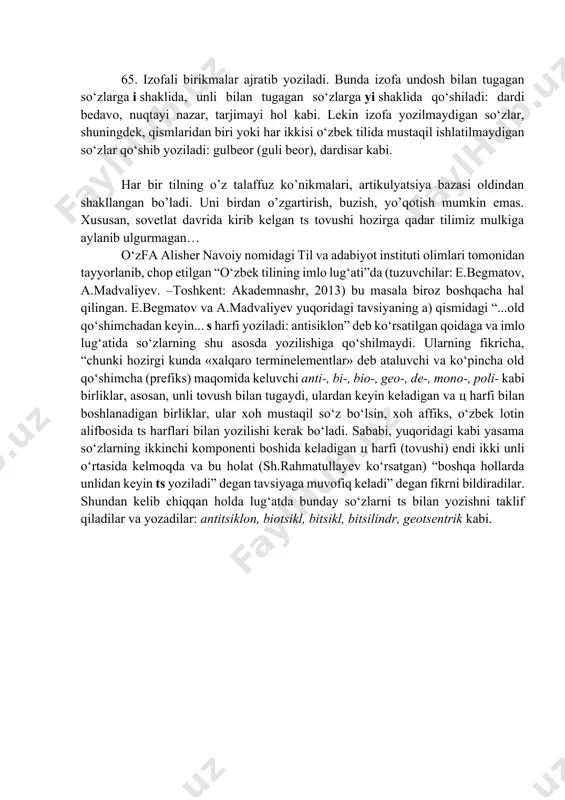 lari chiziqcha bilan yoziladi: sen-chi, boraylik-chi, sen-a, kutaman-a, bola-ya, mingta-ya, keldi-ku, kelgan-u, yaxshi-yu, yaxshi-da, qo‘y-e, yashang-e, o‘g‘lim-ey, keldi-yey kabi. ammo -mi, -oq (-yoq), -ov (-yov), -gina (-kina, -qina) yuklamalari o‘zidan oldin kelgan so‘zga qo‘shib yoziladi: keldimi?, keliboq, o‘ziyoq, ko‘rganov, ko‘rdiyov, mengina, qo‘shiqqina kabi. 56. tartib son arab raqamlari bilan yozilsa, -nchi qo‘shimchasi o‘rniga chiziqcha (-) qo‘yiladi: 7-sinf, 5-“a” sinfi, 3-, 7-, 8-sinf o‘quvchilari, 60-yillar, 1991-yilning 1-sentabri kabi. tartib sonni ko‘rsatuvchi rim raqamlaridan keyin chiziqcha yozilmaydi: xx asr, x sinf kabi. ajratib yozish 57. qo‘shma fe’lning qismlari ajratib yoziladi: sarf qil, ta’sir et, tamom bo‘l, sotib ol, olib kel , olib chiq, miq etma kabi. 58. ko‘makchi fe’l va to‘liqsiz fe’l mustaqil fe’ldan ajratib yoziladi: aytib ber, olib ko‘r, so‘rab qo‘y, ko‘ra qol, bera boshla, yiqila yozdi; ketgan edi, ketgan ekan, ketgan emish kabi. lekin mustaqil fe’l bilan yordamchi fe’l orasida tovush o‘zgarishi bo‘lsa, bunday qismlar qo‘shib yoziladi: aytaver (ayta ber), …