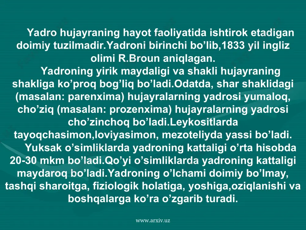 asida ham joydan joyga ko’chadi. yadro po’sti yoki qobig’i (karioteka), yadro shirasi (kariolimfa yoki karioplazma), xromatin iplari va yadrocha (nuklea) yadroning asosiy morfologik elementlari hisoblanadi. www.arxiv.uz www.arxiv.uz yadro electron mikroskop orqali kuzatilganda po’sti ikki qavatli tashqi va ichki membranadan iborat ekanligi ko’rinadi. yadroning tashqi membranasi endoplazmatik to’r kanallarining davomi bo;lib,ular bilan bog’langan. yadro qobig’i yadroni sitoplazmadan ajratib turadi. ikki qavatli membranalar orasidagi bo’shliqqa perenuklear bo’shliq deb ataladi. perenuklear bo’shliq enxelema deb atalgan suyuqlik bilan to’lgan bo’ladi yadro po’sti ayrim joylarida murakkab tuzilishga ega bo’lgan tirqishlar (teshiklar)bo’lib,har birining diametri qariyib 100-300 a gat eng.ularning soni 12 mingga etadi.shu tirqishlar vositasida yadro bilan sitoplazma o’rtasida zich munosabat bog’langan.jumladan yadrodan sitoplazmaga i-rnk molekulalari,ribosomalarning sintezi uchun zarur bo’lgan rnk bo’laklari, sitoplazmadan yadroga esa oqsillar va boshqa yadro hayoti uchun zarur birikmalar o’tib turadi. www.arxiv.uz www.arxiv.uz kariolimfada maxsus bo’yoqlar bilan bo’yaladigan xromatin iplari va yadrocha joylashgan xromatin iplari hisobiga xromosomalar tiklanadi. xromosomalar xromatida deb atalgan …