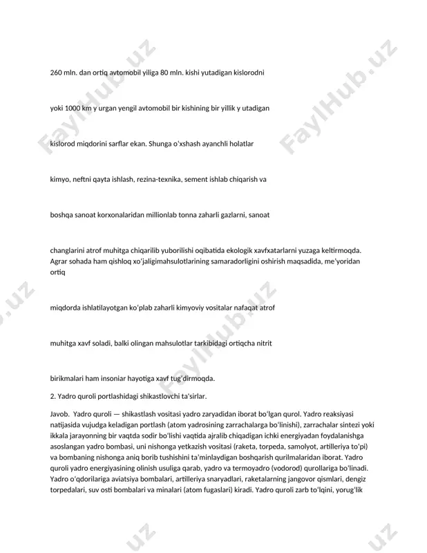 dir boʻlishi vaqtida ajralib chiqadigan ichki energiyadan foydalanishga asoslangan yadro bombasi, uni nishonga yetkazish vositasi (raketa, torpeda, samolyot, artilleriya toʻpi) va bombaning nishonga aniq borib tushishini taʼminlaydigan boshqarish qurilmalaridan iborat. yadro quroli yadro energiyasining olinish usuliga qarab, yadro va termoyadro (vodorod) qurollariga boʻlinadi. yadro oʻqdorilariga aviatsiya bombalari, artilleriya snaryadlari, raketalarning jangovor qismlari, dengiz torpedalari, suv osti bombalari va minalari (atom fugaslari) kiradi. yadro quroli zarb toʻlqini, yorugʻlik nurlanishi, singuvchi radiatsiya va radioaktiv zaharlash va boshqalar turli shikastlantiruvchi taʼsirlarga ega. yadro snaryadlarining quvvati trotil ekvivalenti bilan tonna, kilotonna (1 kt — 1000 t) yoki megatonna (1 mg — 1 mln. t) larda oʻlchanadi. yadro quroli quvvatiga qarab, kichik quvvatli (15 kt gacha); oʻrtacha quvvatli (15—100 kt), katta quvvatli (100—500 kt), juda katta quvvatli (500 kt dan yuqori) qurollarga boʻlinadi. yadro quroli havoda, yer (suv) ustida, yer (suv) ostida portlashi mumkin (yana q. yadro portlashi). yadro quroli taktik va strategik jihatdan farklanadi. …