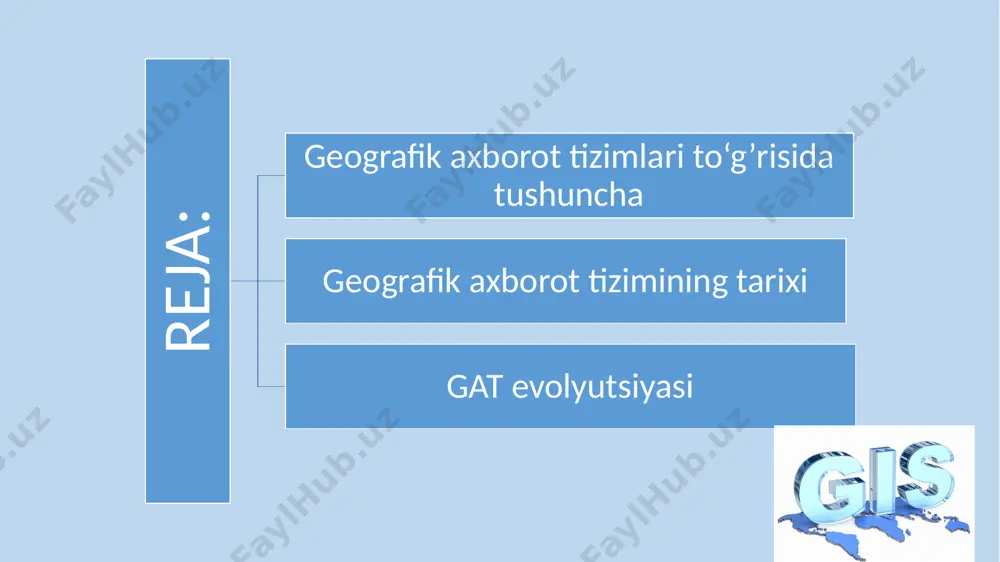 biga ko’ra elektron yoki qog’oz ma’lumot ko’rinishida beriladi geografik axborot tizimining tarixi birinchi marta geoaxborot tizimi tushunchasi 1960-yillar o’rtasida kanada davlatida paydo bo’lib, kanada geografik informatsiya tizimi (canadian geographic information system cgis) deb atalgan. geoaxborot tizimi boshqa adabiyotlarda to’liq nom bilan geografik axborot tizimi yoki qisqacha gat deb ham yuritiladi. tizimning asosiy maqsadi kanada yer resurslarining inventarizatsiyasini o’tkazish va shu asosida yer resurslarini mavjud holati va keljakdagi potentsialini aniqlashdan iborat edi. geoaxborot tizimlarining rivojlanish tarixida to’rtta davr ajratiladi: novatorlik davri (1950- yillar oxiri – 1970-yillar boshi) axborot tizimlarining, chegaradosh ilmlar va texnologiyalarning prinspial imkoniyatlarini tadqiq qilinishi, empirik tajriba olinishi, birinchi yirik loyihalar va nazariy ishlar. davlat ta’siri davri (1970- yillar boshi – 1980-yillar boshi) davlat tomonidan moliyalanadigan yirik geoaxborot loyihalarining rivojlantirilishi, geoinformatika sohasida davlat institutlarining shakllantirilishi, ayrim tadqiqotchilar va katta bo’lmagan guruhlar rolining va ta’sirining pasayishi. tijoratlashtirish davri (1980- yillar boshi – 1990- yillar boshi) turli-tuman dasturiy vositalarning keng bozori, …