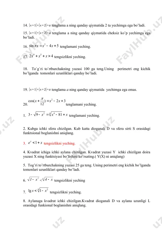 g. 3. tengsizlikni yeching. 4. kvadrat ichiga ichki aylana chizilgan. kvadrat yuzasi y ichki chizilgan doira yuzasi x ning funktsiyasi bo’lishini ko’rsating.( y(x) ni aniqlang) 5. tog’ri to’rtburchakning yuzasi 25 ga teng. uning perimetri eng kichik bo’lganda tomonlari uzunliklari qanday bo’ladi. 6. -+ 2 sin45 xxx p =-+ 95 24 xxx ++> 2 cos()23 12 xxx p +=-+ 24 4 3981 xxx --=-+ 1 x ex + 2 4sin445 xxx p =-+