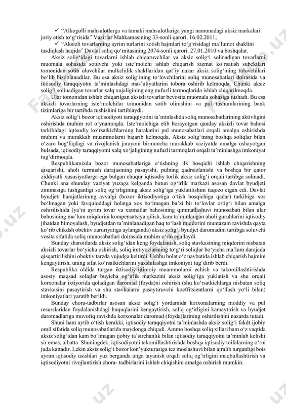 xillaridan hisoblanish obekti va byudjetga undirilish tartibi bilan farq qilsa ham, tashkil etishlarining asl manbalari jihatidan farq qilmaydi. aksiz solig‘ining mohiyatini ochishda uning asl manbasiga e’tiborni karatish zarur. chunki aksiz solig‘ini mohiyatini ochishda uning asl manbasi munosabatlarning real majmuasini ifodalaydi. shuningdek, aksiz solig‘ini tashkil etuvchi asl manba obektiv pul munosabatlarining bazis tushunchasiga kiradi va huquqiy me’yorlar bilan mustahkamlangandir. bu borada shuni aytish kerakki aksiz solig‘ini takomillashtirnshga oid chora tadbirlar, uni aniqlash obektining o‘zgartirilib turilishi, aksizli tovarlar sonining oshirilishi yoki kamaytirilishi uning mohiyatini ifoda eta olmaydi. aksiz solig‘ining bunday xususiyatlari qonunlar va soliq siyosati orqali belgilanib davlat oldida turgan vazifalarning hal etilishida omil sifatida namoyon bulishligini ifodalaydi, xolos. shunday qilib, aksiz solig‘i pul munosabatlarini ifoda etib, bu munosabatlar doirasida uni to‘lovchi sifatida iste’molchilar va davlat turadi. uni tulovchi iste’molchilar bilan davlat o‘rtasidagi munosabatlar va ularni tashkil etish demokratiya timsoli bo‘lmish oliy majlis tomondan tartiblashtirilib turiladi. chunki aksiz solig‘i byudjet daromadini tashkil …