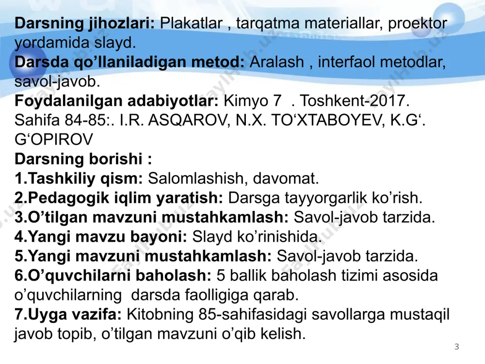 arish muammosi hal etilsa, insoniyat bitmas-tuganmas energiya manbayiga ega bo‘ladi. kimyo sanoatida vodorod eng ko‘p miqdorda ammiak ishlab chiqarish uchun sarflanadi. ammiakning asosiy qismi o‘g‘itlar va nitrat kislotasi ishlab chiqarishga beriladi. undan tashqari, vodorod metil spirti va vodo - rod xlorid (xlorid kislota) ishlab chiqarishga, yog‘-moylar, ko‘mir va neft mahsulotlarini gidrogenlash (vodo rod bilan to‘yintirish) uchun sarflanadi. yog‘-moylar gidrogenlansa – margarin, ko‘mir va neft mahsulotlari gidrogenlansa – yengil yonilg‘i hosil bo‘ladi. xavfli aralash dan iborat bo'lgan eng portlovchi aralashikki hajm vodorod va bir hajm kislorod"portlovchi gaz" 2h2+ o2= 2h2o,reaksiya portlash bilan davom etadi. xulosa:vodorodni yoqishdan oldin uning tozaligini tekshirish kerak. 11 tabiatda vodorod. vodorod erkin holda yerda juda oz miqdorda uchraydi. vulqon otilganda yoki neft qazib olishda, ba’zida boshqa gazlar bilan birgalikda ajra - lib chiqadi. lekin vodo rod birikma holida juda ko‘p tarqalgan. vodorod – eng ko‘p birikma hosil qilgan elementdir. u yer po‘stlog‘i, suv va havo - ning …