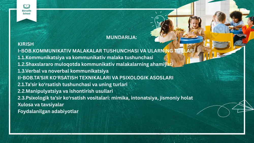 yosh avlodni muayyan maqsad asosida tarbiyalash, ijtimoiy ong va xulq-atvorni xalqimizning boy mafkuralari asosida shakllantirishga yo‘naltirilgan faoliyat jarayonidir. borcelle school zero, grafik organayzerlar bilan ishlash talabalarga “kommunikativ malakalar va ta’sir ko‘rsatish ” mavzusi bo‘yicha nazariy masho‘ulotlarni tashkil etish va o‘tkazish. ishontirish (argumentatsiya) sug‘urib olish usuli – savollar orqali fikrga olib kelish; emotsional ta’sir – hissiy ifodalar bilan e’tiborni jalb qilish; avtoritet (obro‘)ga tayanish – mashhur, bilimli yoki hurmatli shaxs fikriga tayangan holda ta’sir ko‘rsatish; yagona pozitsiya yaratish – “biz” holatini shakllantirish orqali birdamlik tuyg‘usini paydo qilish. muloqot jarayonida ta’sir ko‘rsatish borcelle school borcelle school portfolio lorem ipsum dolor sit amet, consectetur adipiscing elit, sed do eiusmod tempor incididunt ut labore et dolore magna aliqua. ut enim ad minim veniam, quis nostrud exercitation borcelle school portfolio lorem ipsum dolor sit amet, consectetur adipiscing elit, sed do eiusmod tempor incididunt ut labore et dolore magna aliqua. ut enim ad minim veniam, quis …