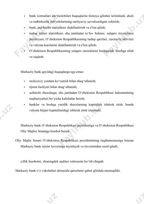 ni tartibga soluvchi organ rolini o‘ynagani bilan bir qatorda, u mazkur tizimdan o‘z siyosatining boshqa maqsadlariga erishish uchun foydalanadi. misol tariqasida hukumatning pul-kredit siyosatini iqtisodiy o‘sish yoki bandlik sohasidagi turli umummilliy vazifalarning bajarilishi uchun foydalanishini keltirish mumkin. keyingi o‘rinlarda biz u yoki bu moliyaviy tizim sohasini tartibga soluvchi yoxud boshqa iqtisodiy maqsadlarga yetishish uchun ushbu tizimni asosiy instrument (vosita) tariqasida ishlatadigan ba’zi davlat tashkilotlari to‘g‘risida so‘z yuritamiz. 2. ixtisoslashgan moliyaviy vositachilar bu guruh tashkilotlar iqtisodiy faoliyatning o‘ziga xos turlarini rag‘batlantirish maqsadida tuzilgan kompaniyalarni o‘z ichiga oladi. ushbu kompaniyalar faoliyati moliyalashtirish jarayonini yengillashtiradi yoki ular muayyan guruhdagi mijozlarga har xil turdagi qarzga oid instrument (vosita)larni taqdim etadilar. bunga misol tariqasida fermerlar, talabalar, kichik korxonalar, yangi uylarni sotib oluvchilar va boshqalarga qarz beruvchi yoki qarzni kafolatlovchi davlat agentliklarini ko‘rsatish mumkin. davlat tashkilotlarining boshqa guruhi bank omonatlarining sug‘urtasi uchun tashkil etilgan agentliklar sifatida namoyon bo‘ladi. ularning asosiy funksiyasi moliyaviy tizimning barcha qismida yoxud …