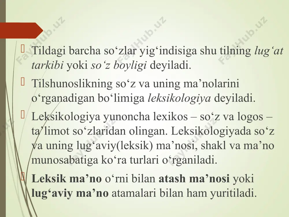 liy o`xshashlik: belgi-xususiyat, harakat-holat nazarda tutiladi. shu tufayli ot, sifat va fe’l turkumlarida metafora yo`li bilan ko`chish hodisasi mavjud. masalan, tish, yengil, pasaydi so`zlarining ma’nosini kuzating: tish: 1) odamning tishi (bosh ma’no); 2) arraning tishi (yasama ma’no). yengil: 1) yengil eshik (bosh ma’no); 2) yengil ta’zim (yasama ma’no). pasaydi: 1) samolyot pasaydi (bosh ma’no); 2) bilimi pasaydi. metaforaga quyidagilar asos bo`ladi: 1) odamning tana a’zolari nomlari: bet, yuz, burun, quloq, ko`z, lab, tish, yelka, oyoq, og`iz kabi; 2) kiyimlar va ularning biror qismini nomlari: etak, yoqa kabi; 3) hayvon, parranda va hasharotlarning biror a’zosining nomi: qanot, dum, tumshuq; 4) o`simlik va uning bir qismi nomi: tomir, ildiz; 5) qurol nomi: nayza, pichoq; 6) turli belgi, harakat nomlari bo`lgan so`zlar: baland, past, olmoq, chaqmoq kabi. 1. narsaning narsaga ko‘chishi 2. belgining belgiga ko‘chishi inson yoki hayvon a’zolari o‘z ma’nosida inson yoki hayvon a’zolari ko‘chma ma’noda odamning og‘zi shishaning og‘zi odamning qulog‘i …