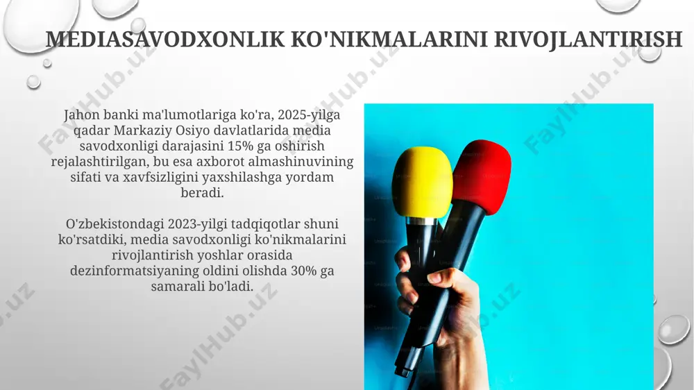 ni tekshirish va tasdiqlash usullari янгиликларни ўқишда сана ва манбани текшириш, муаллифнинг шахси ва мақсадини аниқлаш, шунингдек, ҳаволалар ва иқтибосларнинг аниқлигини текшириш, масалан, 2023 йилдаги воқеа ҳақидаги маълумотларни тасдиқлаш учун 2022 йилги манбадан фойдаланиш нотўғри. фейк хабарларни аниқлаш учун факт чекинг веб-сайтлари (snopes, politifact каби), шунингдек, google'нинг тезкор факт текшириш хизмати каби онлайн воситалардан фойдаланиш мумкин. бу ёрдамчилар сизга дунёнинг турли бурчакларидан маълумотларни текширишга ёрдам беради. ommaviy axborot vositalari savodxonligining ahamiyati aqshda oʻtkazilgan tadqiqotlar shuni koʻrsatdiki, ommaviy axborot vositalari savodxonligi past boʻlgan shaxslar 3 baravar koʻproq aldanish va manipulyatsiyaga duchor boʻlishadi, bu esa ijtimoiy-siyosiy jarayonlarga salbiy ta’sir koʻrsatadi. oʻzbekiston kabi rivojlanayotgan mamlakatlarda ommaviy axborot vositalari savodxonligi aholining 70% dan ortigʻi internetdan foydalanishi bilan birga, dezinformatsiya va yolgʻon yangiliklardan himoya qilishda muhim ahamiyat kasb etadi. manbalarni tanqidiy baholash aqshdagi tahlilchilarning fikricha, soxta yangiliklarning tarqalishiga qarshi kurashda, manbalarni tanqidiy baholash ko'nikmalari 3 barobar samaraliroq bo'ladi. 2023-yilgi tadqiqotlar shuni ko'rsatdiki, o'zbekiston aholisining 70% …
