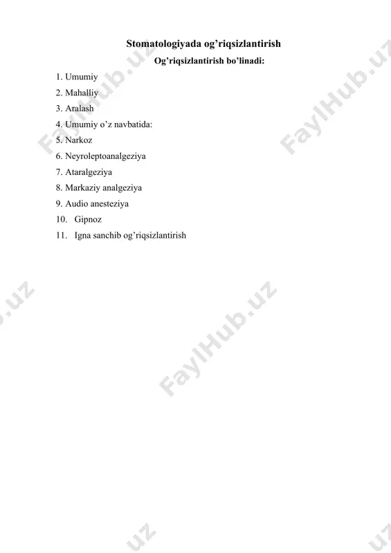ita to’qima ichiga kiritiladi. 1) o’tkazuvchi 2) infiltratsion infiltratsion- anestetik eritma bevosita jarrohlik harakati maydonida to’qima ichiga kiritiladi va periferik asab retseptorlarning sezgirligini o’chiriladi. anestetiklarni periodont yorig’i ichiga (intraligamentar), suyak pardasi ostiga (subperiostal), suyak ichiga (introstal) yuborish mumkin. ko’pincha bu usul yuqori jag’da yaxshi samara beradi. o’tkazuvchi- mahalliy og’riqsizlantirishning bu turida operatsion maydonni innervatsiya qiluvchi, sezuvchi asab tanasini yoki biron-bir shoxini blokada qilish. uning quyidagi turlari bor: · tuberal · infrorbital · palatinal · mandibulyar · torusal • mental neyroleptanelgeziya-og’riqsizlantirish vena ichiga yuborilgan kuchli analgetik fentanil va neyroleptik - droperidol taʼsirida bemor ongiga taʼsir etmagan holda atrofda bo’layotgan hodisalarga befarqlik, harakatspzlanish hosil qilinadi. bu holatda qo’shimcha mahalliy og’riqsizlantirish, jarrohlik muola- jalarni bajarishga imkoniyat yaratiladi. ataralgeziya - neyroleptanalgeziyaning bir turi, farqi kuchli analgetik va neyroleptiklar bilan bir vaqtda, maska usuli bilan azot oksidi berib boriladi. mahalliy og’riqsizlantirish ham qo’shimcha qilinishi mumkin. turlari · anlgeziya · gipnoz · vegetativ blokada audioanesteziya bosh …