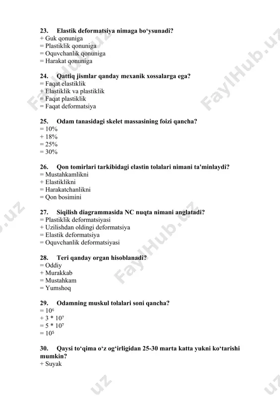 siga = muhitning haroratiga + tebranish chastotasiga javob: d 46. veber-fexner qonuni qaysi o‘zgarishlarni tasvirlaydi? + intensivlikning geometrik, qattiqlikning arifmetik o‘zgarishi = qattiqlikning geometrik, intensivlikning arifmetik o‘zgarishi = tovush balandligi va tembrining bog‘liqligi = shovqin darajasining pasayishi 47. ultratovushning terapevtik chastotasi qancha? + 0,8-3 mgs = 1-10 gs = 16-20 gs = 20-30 mgs 48. shovqinni o‘lchash uchun qanday asbob ishlatiladi? = audiometr = fonokardiograf + shumometr = mikrometr 49. audiogramma nimani tasvirlaydi? = tovush intensivligini + eshitish qobiliyatining grafik ko‘rinishini = tovush bosimini = tovush qattiqligini 50. ovoz boylamlari qaysi tovushlarni chiqarishda maksimal tebranadi? = undosh tovushlar + unli tovushlar = past chastotali tovushlar = yuqori chastotali tovushlar 51. infratovush qanday hodisalarda hosil bo‘ladi? = faqat elektr tebranishlarda + yer silkinishi, shamol, chaqmoqda = musiqiy tovushlarda = har qanday tebranishda 52. doppler effekti tibbiyotda nimani aniqlashda qo‘llaniladi? = yurak urishini + qon oqim tezligini = tovush balandligini = shovqin …