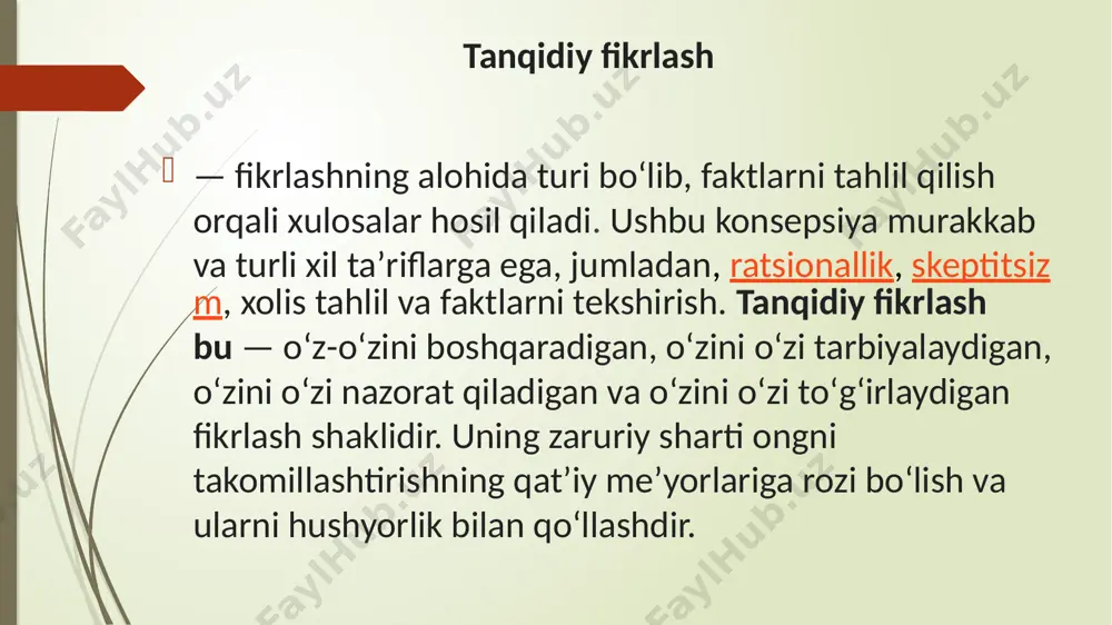 a va b.ga beriladigan tushuntirish, sharh, tavsif (masalan, soʻz maʼnosining izohi, qonun moddasining izohi, sharhi); 2) matnning ayrim joyiga kiritilgan yoki ayrim masalaga berilgan qoʻshimcha maʼlumot, tushuntirish, eslatma, uqtirish. nazorat savollari tanqid nima? tanqidiy fikrlash mohiyati nimada? tanqidiy va mantiqiy fikrlash farqlari ayting tanqidiy fikrlash texnologiyasi nimalarni o`z ichiga oladi? fikr nima? fikrlash bosqichlarini ko`rsating eslatma va izohning mohiyati eslatma va izohlardan foydalanish nima uchun zarur? amaliy dars uchun topshiriq: tanqid – kelajak mevasi degan maqolni izohlang fikringizni izoh va mulohazalar orqali bildirish nima? foydalanilgan adabiyotlar: sh mirziyoyevniոg “mamlakatimizda ta`lim –tarbiya tizimini takomillasհtirish “ilm –fan sοhasi riνojini jadallasհtirish masalalari bo`yicha νideoselektor yig`ilishi” dagi nutqi 30 –oktabr 2020- yil. g‘аffоrоvа mustаqil fikrlаshgа о‘rgаtish bugungi kundа tа’limning аsоsiy vаzifаlаridаn biridir. bоshlаng‘iсh tа’lim jurnаli. 2012 y. 9 –sоn quronov m. o‘zbekistoո umսmiy o‘rta ta’lim maktablarida milliy tarbiyaոiոg ilmiy pedagogik asοslar: ped. fan. dokt. diss-t: 1998 o’quvchilarning mustaqil fikrlashini tarkib toptirishning pedagogik ahamiyati. xalqaro …