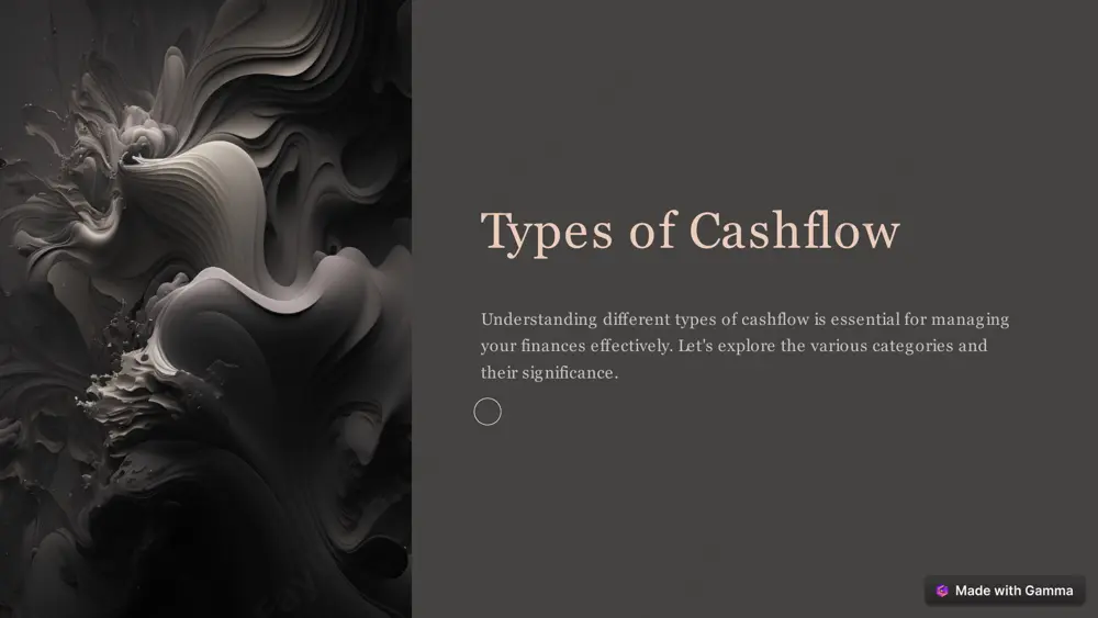 chase shares. example a consistently positive free cashflow signals financial stability and potential for future expansion. 7 the importance of managing cashflow 1 budgeting and planning effective cashflow management helps businesses create realistic budgets and plan for future expenses. 2 operational stability optimal cashflow management ensures the smooth operation of a business, mitigating the risk of liquidity crises. 3 growth opportunities by maintaining healthy cashflow, companies can seize growth opportunities and weather economic downturns. 8 summary understanding the different types of cashflow and their significance is essential for effective financial management. by carefully managing operating, investing, and financing cashflows, businesses can maintain stability, seize growth opportunities, and plan for the future. 9 image1.png image2.png image3.png image4.png image5.png image6.png image7.png image8.png image9.png image10.png image11.png image12.png image13.png image14.png