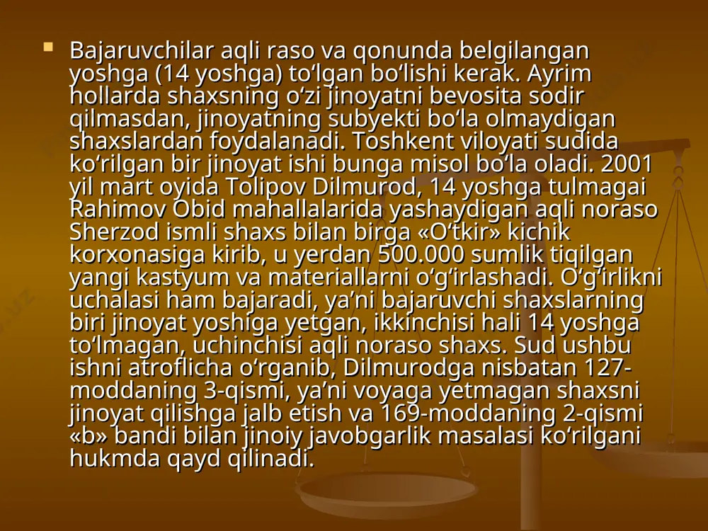 maliyotida dalolatchilikning boshqa, masalan, jinoyat sodir qilish uchun mukofot va’da qilish yoki to‘g‘ridan-to‘g‘ri shaxsni sotib olish yoki aldash turlari ham uchraydi sud amaliyotidan ma’lumki, yordamchilik ishtirokchilikning ko‘p uchraydigan turidir. yordamchilik ikki kurinishda bo‘lishi mumkin: jismoniy yordamchilik va ruhiy yordamchilik. jismoniy yordamchilik deganda, jinoyat sodir qilinayotganda tusiqlarni olib tashlash uchun vosita va qurollar bilan yordam berish, ya’ni jinoyatning obyektiv tomonini amalga oshirishda bajaruvchiga ko‘maklashish tushuniladi. yordamchining harakatlari jinoyatning obyektiv belgilari bilan mos kelsa, u jinoyatning bajaruvchisiga aylanib qoladi. ruhiy yordamchilik jinoyat sodir qilishda maslahat, ko‘rsatmalar, jinoiy yo‘l bilan topilgan buyumlarni olish yoki sotishga oldindan va’da berish shakllarida bo‘lishi mumkin. jinoyatni yashirishga oldindan va’da berilmagan bo‘lsa, bu yordamchilikka kirmay-di, faqat jinoyatga daxldorlik, deyiladi. biz jinoyatga daxldorlikni ishtirokchilikdan farqlashimiz lozim. jinoyatga tayyorgarlik ko‘rilayotgani, jinoyat sodir etilayotgani yoki sodir etilgani haqida aniq bila turib, oldiidan va’da bermagan holda hokimiyat idoralariga xabar qilmaslik jinoyatga daxldorlik, deb hisoblanadi. jinoyat kodeksining 31-moddasiga ko‘ra, tayyorlanayotgan yoki sodir etilgan …