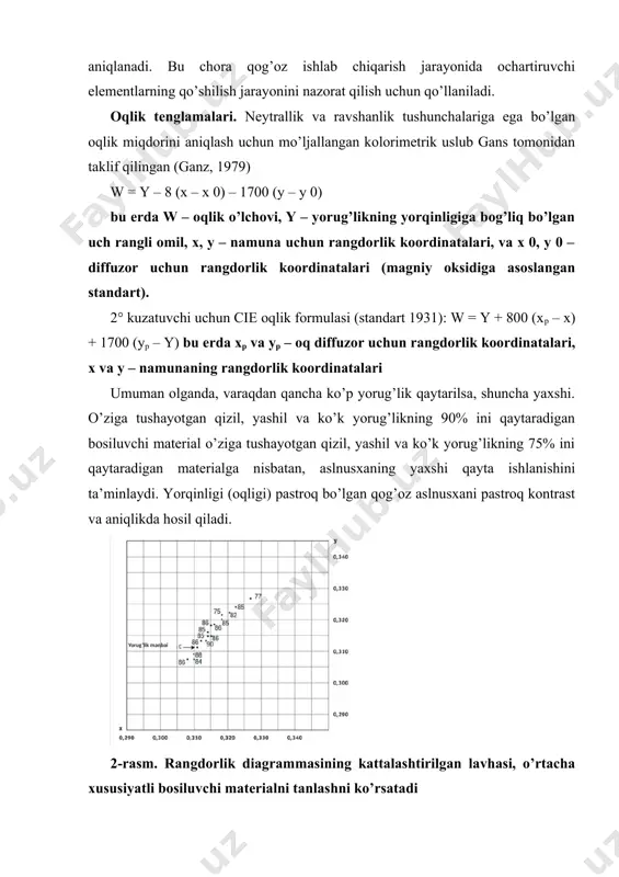 uzunliklaridan birini yutganda va ko’rinadigan spektrning uzunroq to’lqin uzunligiga ega diapazonida boshqasini o’tkazsa fluoressensiya yuzaga keladi: masalan, ko’rinmaydigan ultrabinafsha nurlanish (uv) fluoressent material orqali ko’rinadigan ko’k rangga aylanadi. qog’oz ishlab chiqaruvchilar qog’oz ishlab chiqarish jarayonida bu xodisadan keng foydalanadilar. qog’oz neytralroq bo’lishi va uning ko’k rangni qaytarish xossasini oshirish uchun optik oqartiruvchilardan foydalaniladi. agar ko’rilayotgan namunaga qorong’u xonada ultrabinafsha nurlanish ta’sir qilinsa, oqartirilgan qog’ozda fluoressensiya aniqlanishi mumkin. shunday qilib, materiallarni sodda tarzda ko’rib sinflash mumkin. fluoressensiya effektlari miqdoriy jihatdan ham aniqlanishi mumkin, lekin bu jarayonlar ancha murakkab; eng yaxshisi bunday xizmatlar ko’rsatuvchi laboratoriya mutaxassisining ekspertlik fikriga e’tibor berish kerak. yoritish manbaining spektral tavsifnomalari, shuningdek, yorug’lik manbai va ob’ekt o’rtasidagi optik tizim elementlarining yutish tavsifnomalari fluoressent materiallarning kolorimetrik o’lchanishiga ta’sir ko’rsatishi mumkin. fluoressent bo’lgan yoki fluoressent sifatida taklif qilinadigan ob’ektlarni davriy ravishda o’lchashda ham xuddi shunday sharoitlar yaratilishi kerak. yaltiroqlik – yuzaning sirt qatlamidan yorug’likning ko’zguli yoki yo’naltirilgan qaytarilishi o’lchovi. yaltiroqlik …