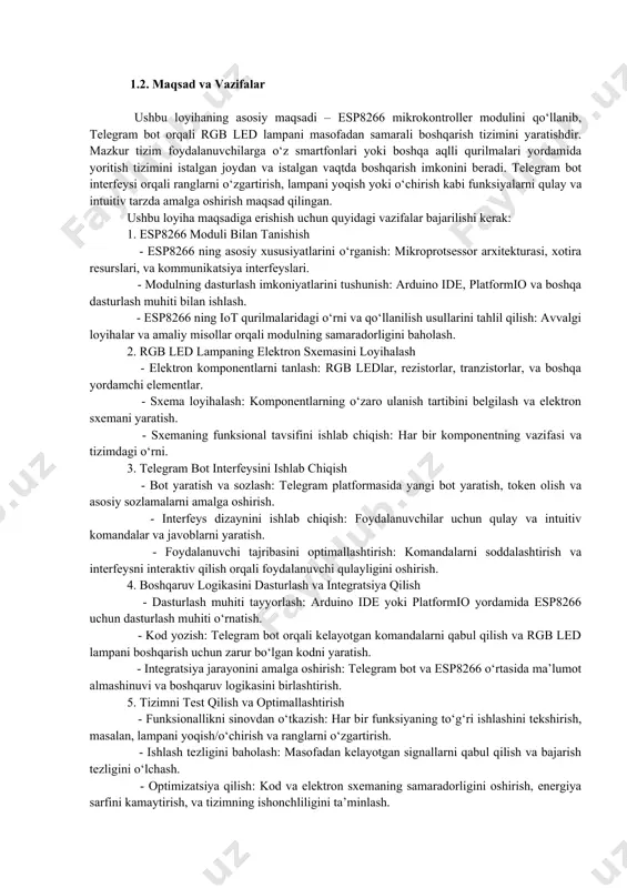ing dinamik rang o‘zgarishi va o‘zaro kombinatsiyasi orqali ko‘plab ijodiy yondashuvlar amalga oshirilishi mumkin. rgb led lampalari uy va ofis yoritilishida qulaylik va estetika yaratish uchun keng qo‘llaniladi. ular ish muhitiga mos ranglarni tanlash, atmosfera yaratish va energiya sarfini kamaytirish imkonini beradi. dekorativ yoritishda esa, mebel, devor va boshqa elementlarni rangli yoritish orqali vizual qiziqarli ko‘rinishlar hosil qilinadi. reklama sohasida rgb led lampalari raqamli reklama panellari va yorug‘lik ko‘rgazmalarida dinamik va ko‘zni jalb qiluvchi effektlar yaratishda ishlatiladi. sahnashunoslikda esa, sahna yorug‘ligi sifatida turli rang va yorqinliklarda yoritish effektlarini yaratish imkonini beradi, bu esa tomoshabinlarning e'tiborini jalb qilishga yordam beradi. rgb led lampalarining ushbu sohalardagi keng qo‘llanilishi ularning ko‘p qirrali va samarali yoritish texnologiyasi ekanligini tasdiqlaydi. masofadan boshqarish imkoniyati bilan rgb led lampalari foydalanuvchilarga yoritish tizimini yanada qulay va moslashuvchan tarzda boshqarish imkonini beradi, bu esa ularni zamonaviy texnologiyalar bilan integratsiyalashgan tizimlarda yanada muhim komponentga aylantiradi. 1.2. maqsad va vazifalar ushbu …