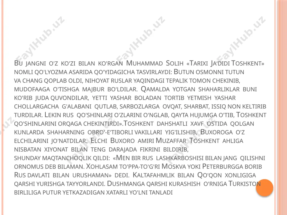 iyosiy tarixi kam bayon etilgan. asarda qo'qon xonligining buxoro, sharqiy turkiston va boshqa nomlar bilan bo'lgan iqtisodiy, siyosiy hamda madaniy aloqalari haqida ham qimmatli ma‘lumotlar bor. tarixchi olim muhammad solih o'lkani tarixini o'rganishda 25 yildan ortiq vaqt sarfladi. nihoyat 1863-1888 yilgacha izlanishlar samarasi sifatida uning «tarixi jadidayi toshkent» (toshkentning yangi tarixi) deb atalgan va ikki jilddan iborat kitobi yozilgan. birinchidan jildda qadim zamonlardan to xv asr oxirgacha sharq mamlakatlarida, shuningdek o'rta osiyoda bo'lib o'tgan voqealar ikkinchi jildda esa farg'onaning xv asr oxiridan to xix asrning 80 -yillarigacha bo'lgan ijtimoiy siyosiy tarixi bayon etiladi.asarning ilmiyligi shundaki, toshkent shahri va viloyatiga doir tarixiy, jug'rofiy ma‘lumotlar atroflicha, izchillikda berilib, toshkentning xix asr qiyofasi shu asar orqali mukammal yozildi. shaharning devor va qo'rg'onlari, ularning orasidagi masofa, toponimik ma‘lumotlar, shaharning 12 darvozasi, dahalari, masjid-madrasalari, hammomlari, bozorlari, hunarmandchilik sohalari, qishloq xo'jalik, qabriston va maqbaralari, suv ta‘minot shahobchalari, bog'lar, mevayusabzavotlar, ekin-tekinlari siyosiy tarzda bayon qilingan toshkent xix …