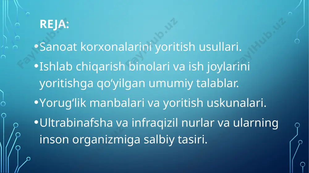 ning foizdagi ifodasiga aytiladi. tabiiy yoritilishning etarliligi 2 omil bilan belgilanadi: tabiiy yoritilish koeffitsienti va dyerazaning yorug‘lik tavsifi (yorug‘lik maydoni va yorug‘lik chuqurligi) bilan. korxonalardagi tabiiy yoritilganlik sharoiti snip-2-4-79, snip-2.0.1.0.5.98 talablariga muvofiqligi bo‘lishi kyerak. oynali yuza pol yuzasiga nisbatan 1/5 qismni tashkil etishi kyerak. sanoat korxonalari uchun “t.yo.”koeffitsienti me’yorlari bajarilayotgan ishlar xaraktyeristikalari ob’ektning eng kichik o‘lchami, mm ish razryadi t.yo.k.ning ko‘rsatkichi, % yuqoridan va qo‘shma yon tomondan bajarilayotgan ish eng yuqori aniqlikdagi 0,15 dan kichik i 10 3,5 juda yuqori aniqlikdagi 0,15 dan 0,3 gacha ii 7 2,5 yuqori aniqlikdagi 0,3-0,5 iii 5 2 o‘rtacha aniqlikdagi 0,5-1,0 iv 4 1,5 kichik aniqlikdagi 1,0-5,0 v 3 1 qo‘pol aniqlik (dag‘al) 5,0 dan katta vi 2 0,5 ayrim detallarni ajratmasdan ishlatish vii 3 1 ishlab chiqarish (sanoat) jarayoni yo‘nalishini umumiy kuzatish viii 1 0,3 doimiy kuzatish jixozlar xolatini vaqti vaqti bilan kuzatish viii 0,7 0,2 mexanizatsiyalashtirilgan va mexanizatsiya-lashtirilmgan omborlardagi ish ix 0,5 …
