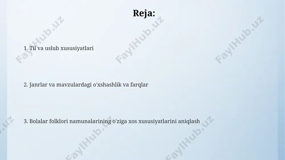 olklorida “ritm va ohang”ning takrorlanuvchi 2-4 taktlik tuzilmalari, samarqand viloyati xalq qoʻshiqlarining xususiyatlarini aks ettiradi. “ritm va ohang”da uchraydigan 3/4 va 6/8 kabi musiqiy oʻlchovlar, bolalar folklorining 19-asr oʻzbekiston qishloqlaridagi musiqiy an'analariga xosdir. “ritm va ohang”dagi 5 dan ortiq soʻzli takrorlanuvchi iboralar, andijon viloyatiga xos bolalar qoʻshiqlarining bir qismi hisoblanadi. zamonaviy talqinlar "zamonaviy talqinlar"da 21-asr boshlaridan boshlab o'zbekistonning toshkent shahridagi bolalar adabiyoti nashriyotlarida illyustratsiyalar sonining 3 barobar oshganligi kuzatiladi. so'nggi 10 yilda "zamonaviy talqinlar" doirasida 15 dan ortiq o'zbekiston va jahon bolalar adabiyotiga oid yangi ertaklar va afsonalar qayta ishlangan va nashr etilgan. "zamonaviy talqinlar"da an'anaviy ertaklarga zamonaviy texnologiyalar, masalan, 5g tarmoqlari yoki kompyuter o'yinlari elementlari qo'shilishi orqali yangi hikoyalar yaratilgan. obrazlilik va majozlar “obrazlilik va majozlar”da 5 yoshdan 10 yoshgacha bo'lgan bolalar uchun mo'ljallangan o'zbekiston folklor namunalarida 20 dan ortiq turli xil obrazlar va majoziy ifodalar uchraydi. samarqand viloyati folklorida uchraydigan "obrazlilik va majozlar"ning 70%i hayvonlar, tabiat hodisalari va …